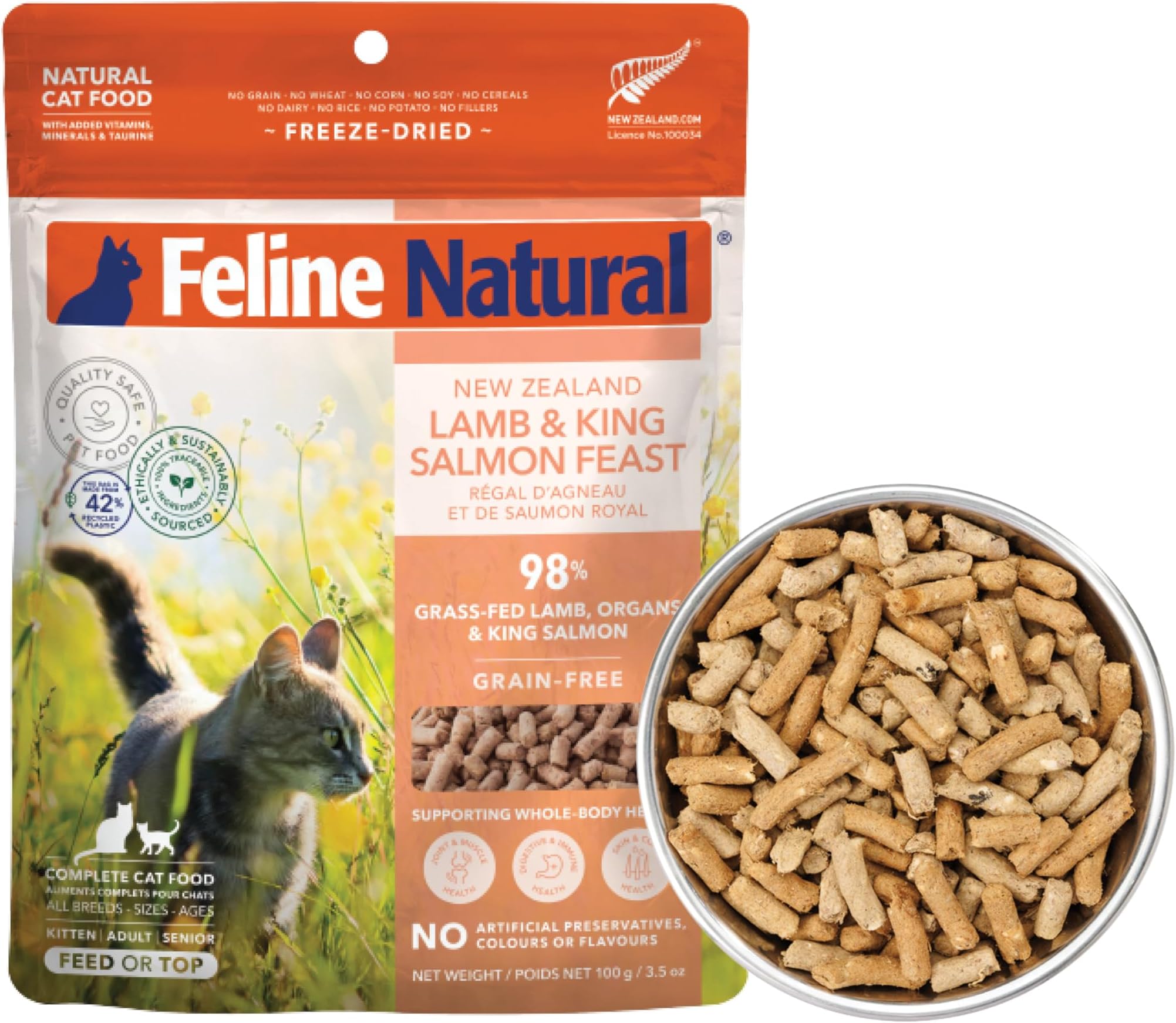 Feline Natural High Protein Dry Cat Food, Freeze-Dried Diet with 98% Meat, Organs & Seafood, No Peas, Grains, or Artificial Additives, Made in New Zealand, Lamb & King Salmon, 3.5oz