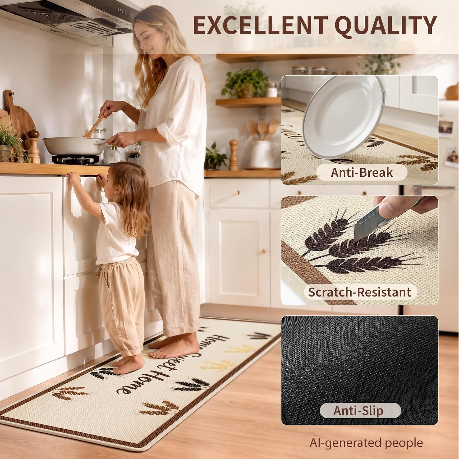 Padded Kitchen Floor Mats 2 Piece Set, Non Slip Washable Kitchen Runner Rugs, Absorbent Woven Mats for Tile Hardwood Sink Laundry Room Bathroom (Beige, 17"x29"+17"x59")