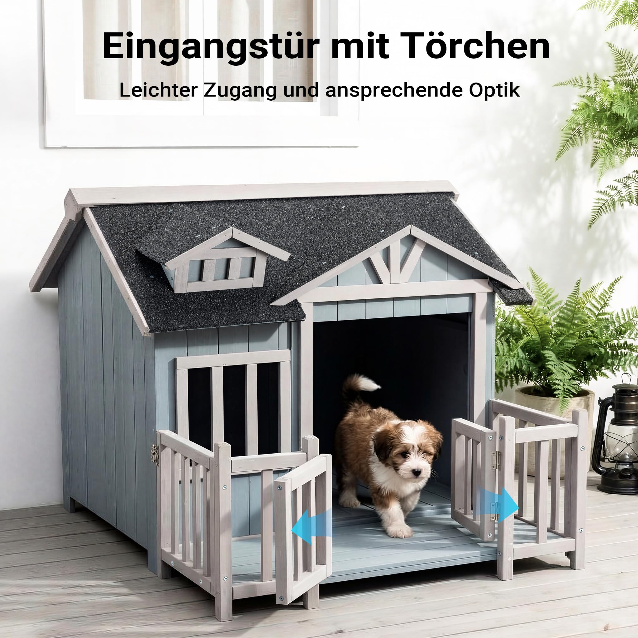 Wiltec Luxus XL Hundehütte 93,5 x 77,5 x 70 cm, grau weiß, Hundehaus aus Holz mit Veranda, Hundehöhle Outdoor für Balkon Garten Terrasse
