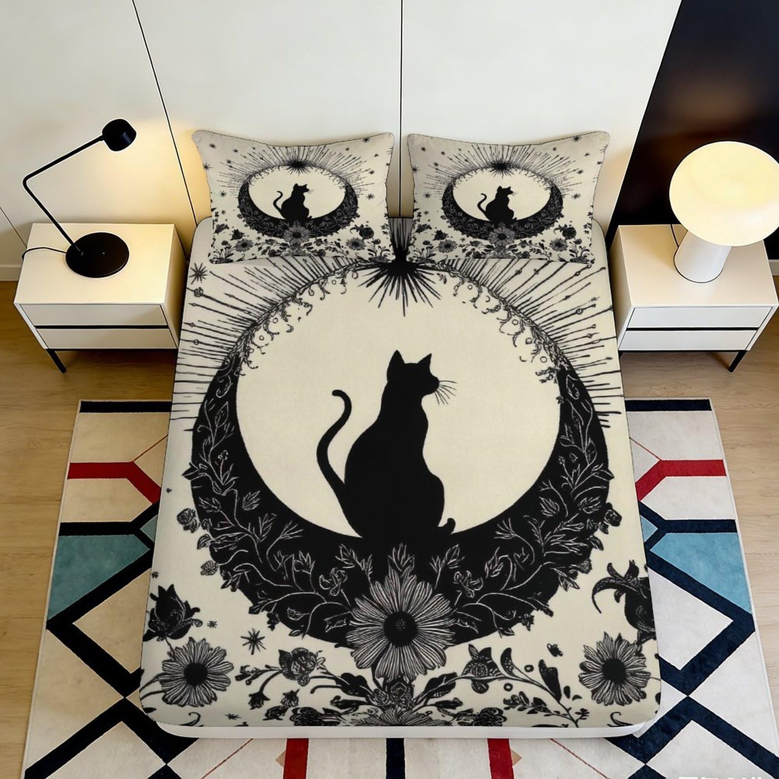 3D Printed Moon Cat Fitted Sheet Microfiber Deep Pocket Bedroom Bedding Full Wrap Cat Pattern Mattress Fitted Cover, Washable 200x200x25cm