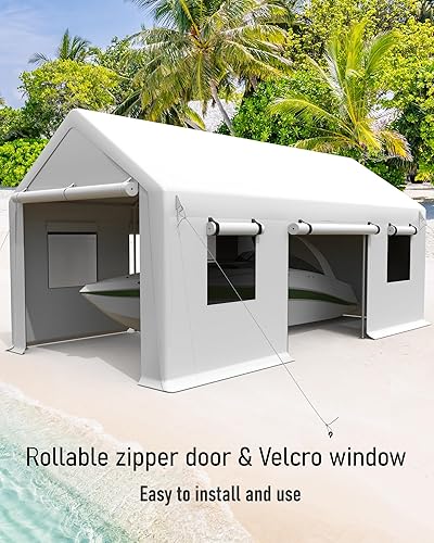 Miniatura 3 de DEXSO Carport - Garaje portátil de 13 x 20 pies, toldo de puerto de coche resistente, postes de acero reforzado, 4 puertas y ventanas enrollables,