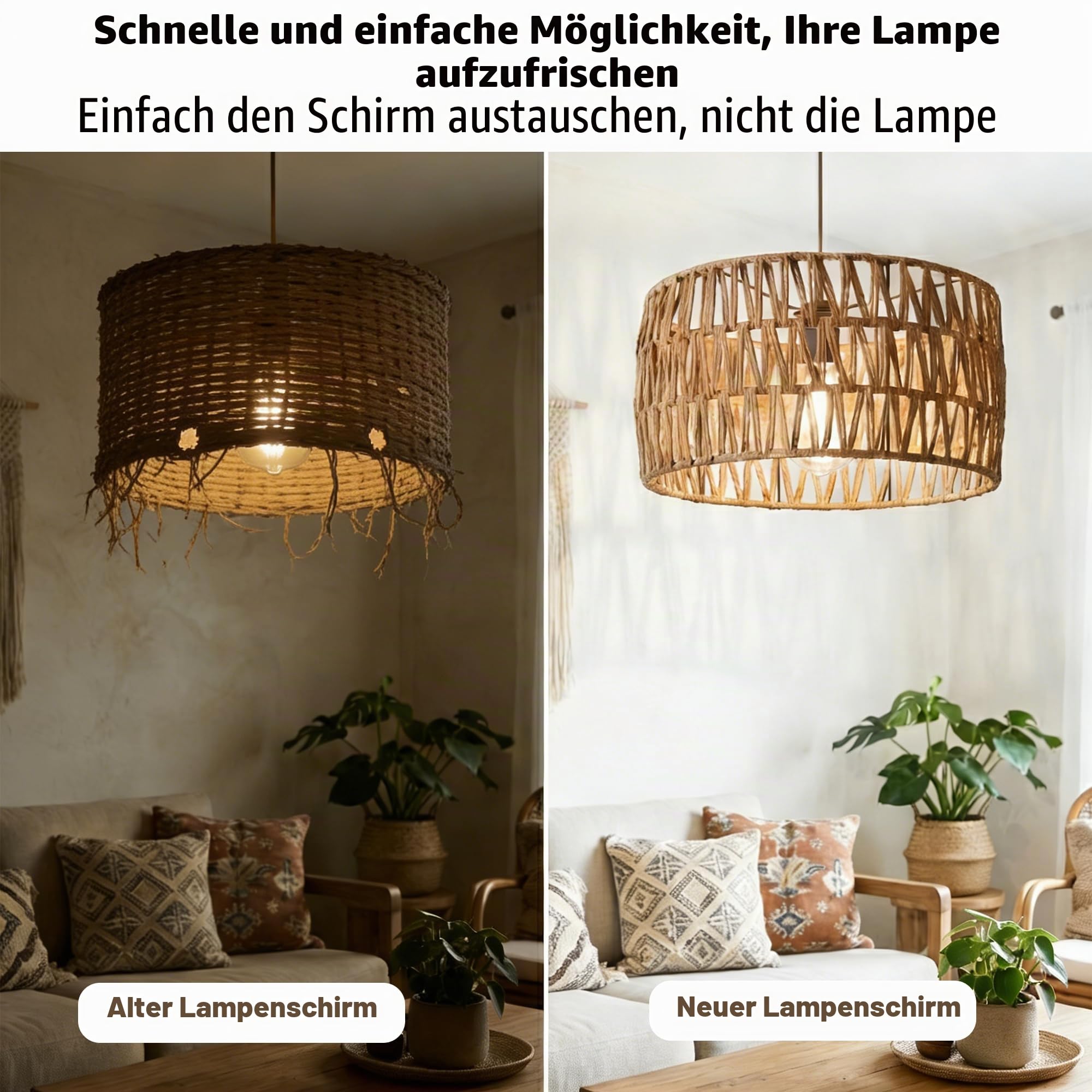 Rattan Lampenschirm, handgeflochtener Boho-Trommelschirm für E27