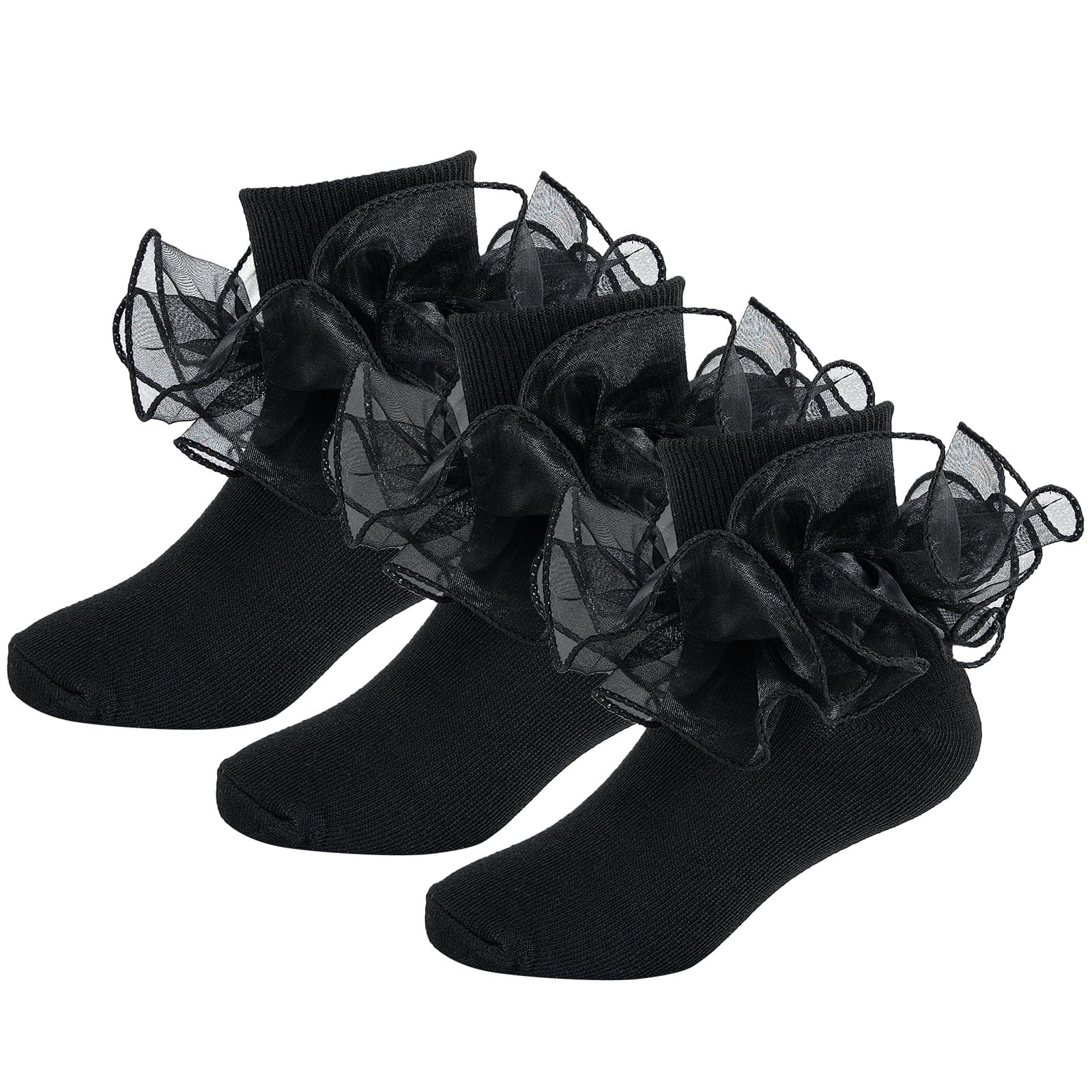 Girls Ruffle Socks Double Lace Turn Cuff Frilly Church Dress Socks
