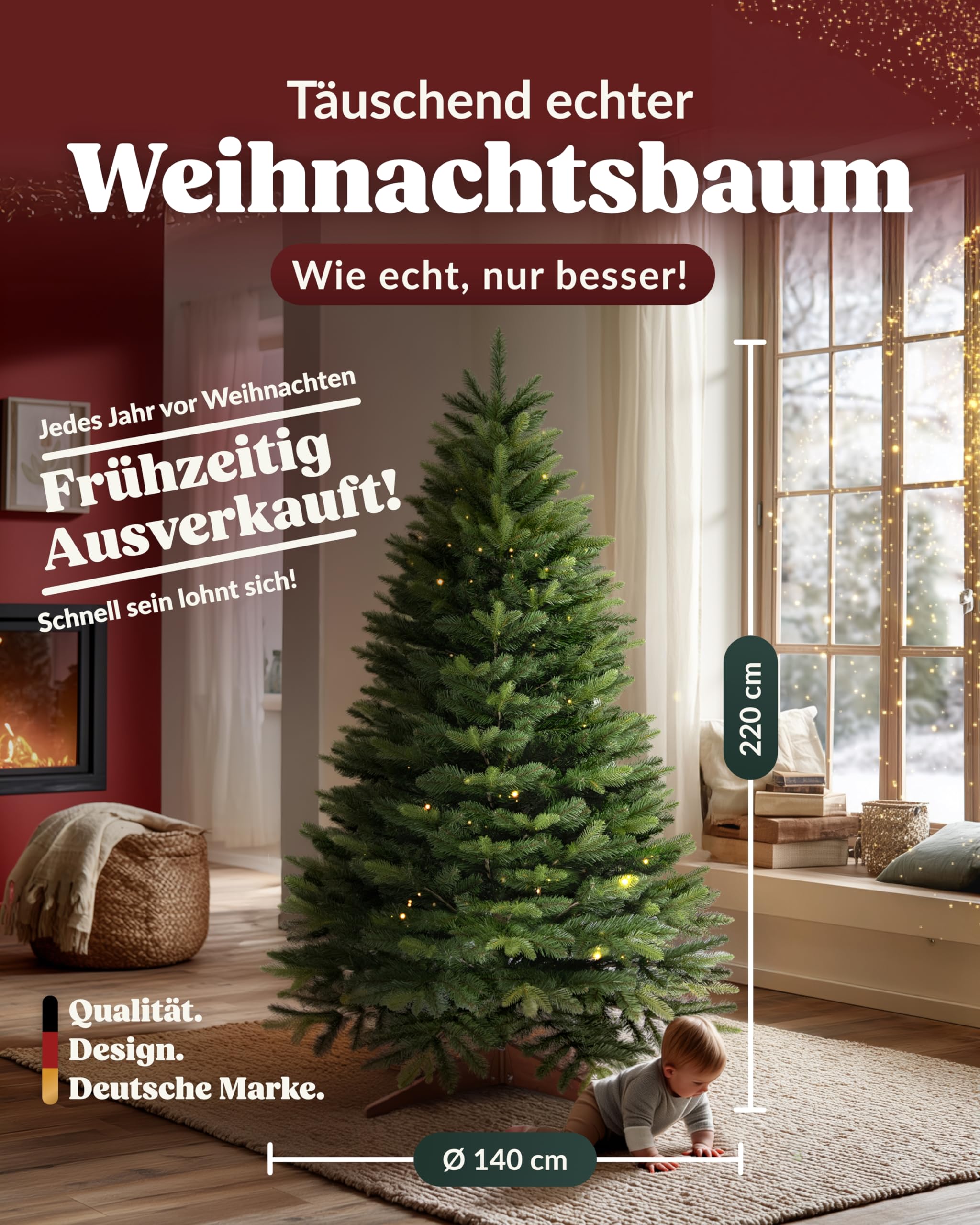 Amari ® Naturgetreuer Künstlicher Weihnachtsbaum 220cm - Tannenbaum Künstlich Christbaum Christmas Tree - Künstliche weihnachtsbäume - Faltbarer Weihnachtsbaum Künstlich