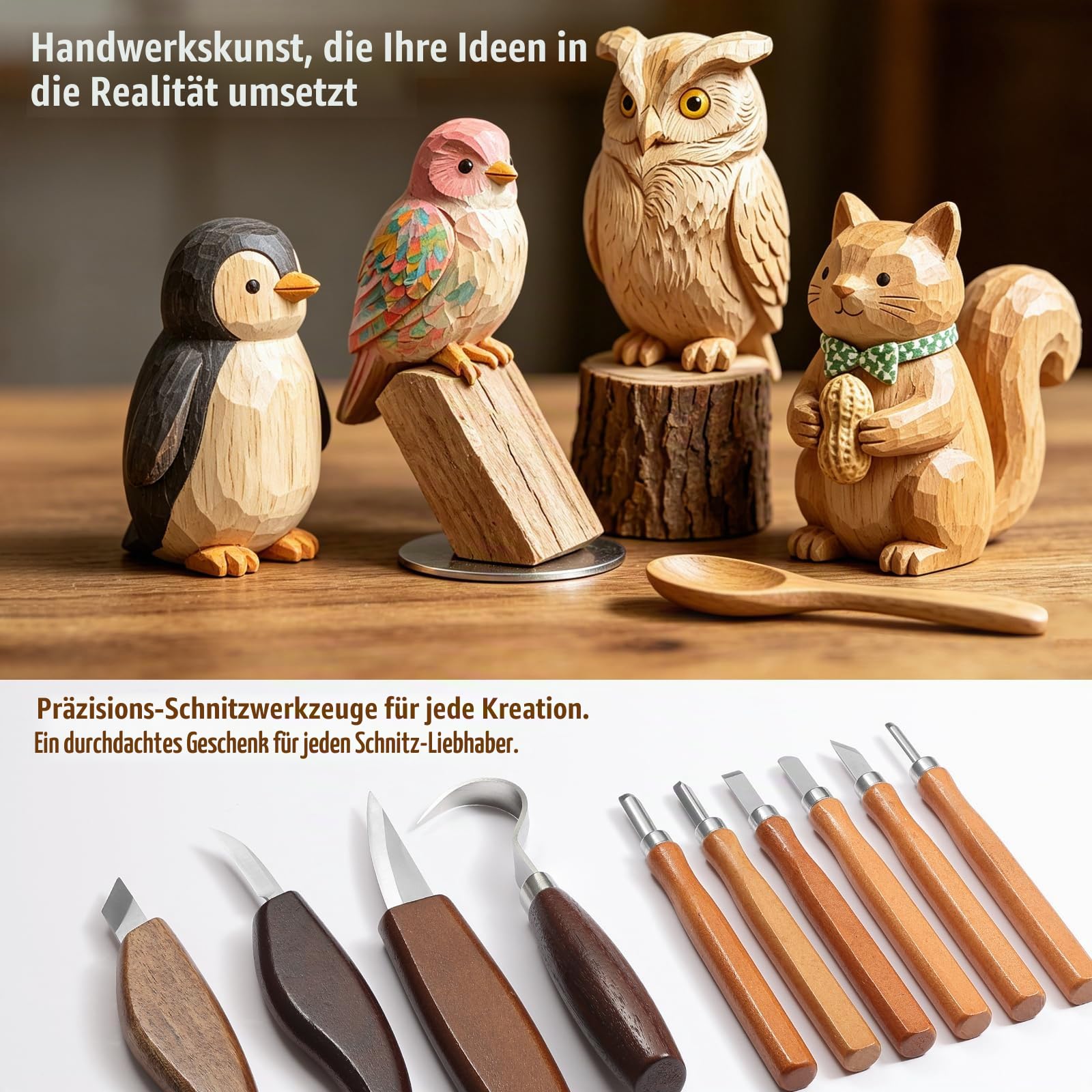 Holzschnitz-Set 28-tlg. mit 10 Klingen & Lindenholz für Einsteiger