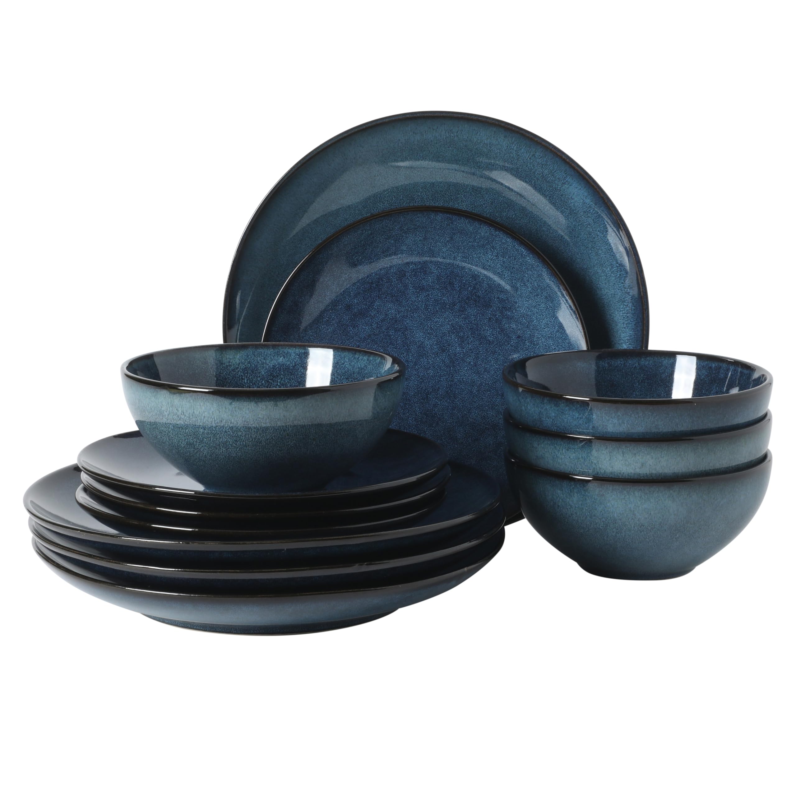 Castle Peak Plates and Bowls Set, 12-Piece Dinnerware Set, Blue Reactive Glaze Stoneware Dishes, Dinner Plates, Salad Plates & Cereal Bowls