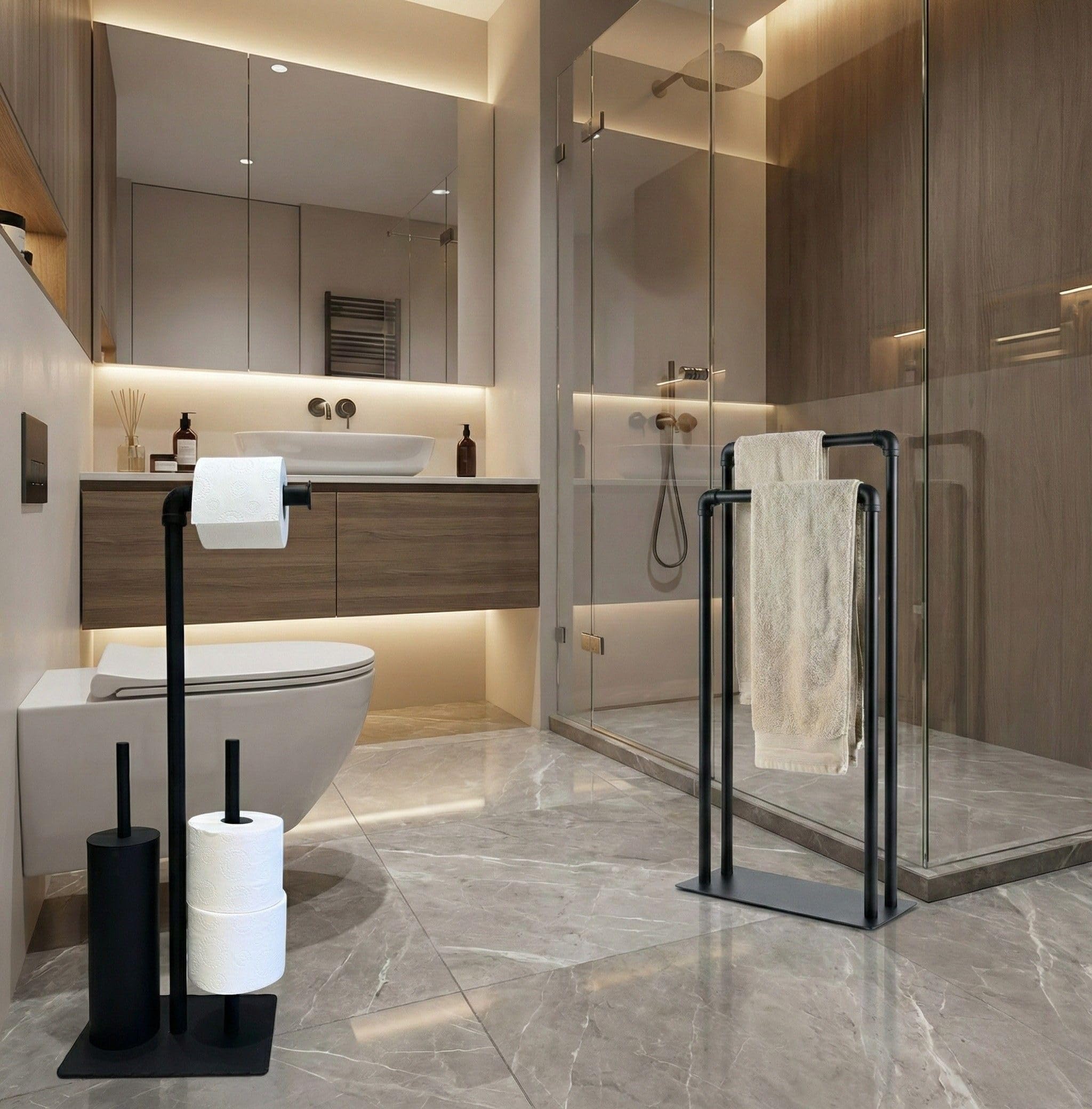 Palermo Porte-Serviettes sur Pied Noir Mat – Porte-Serviettes Salle de Bain avec 2 Bras en Métal – Support Serviettes Autoportant sans Perçage – Design Moderne et Élégant