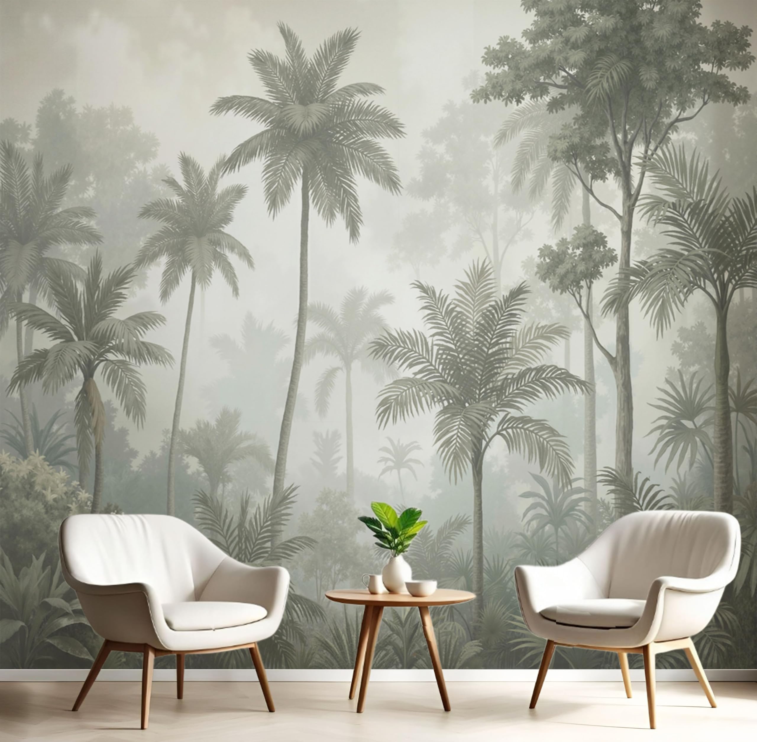Papier peint mural palmier gris-vert sur mesure pour habiller un grand fond de canapé