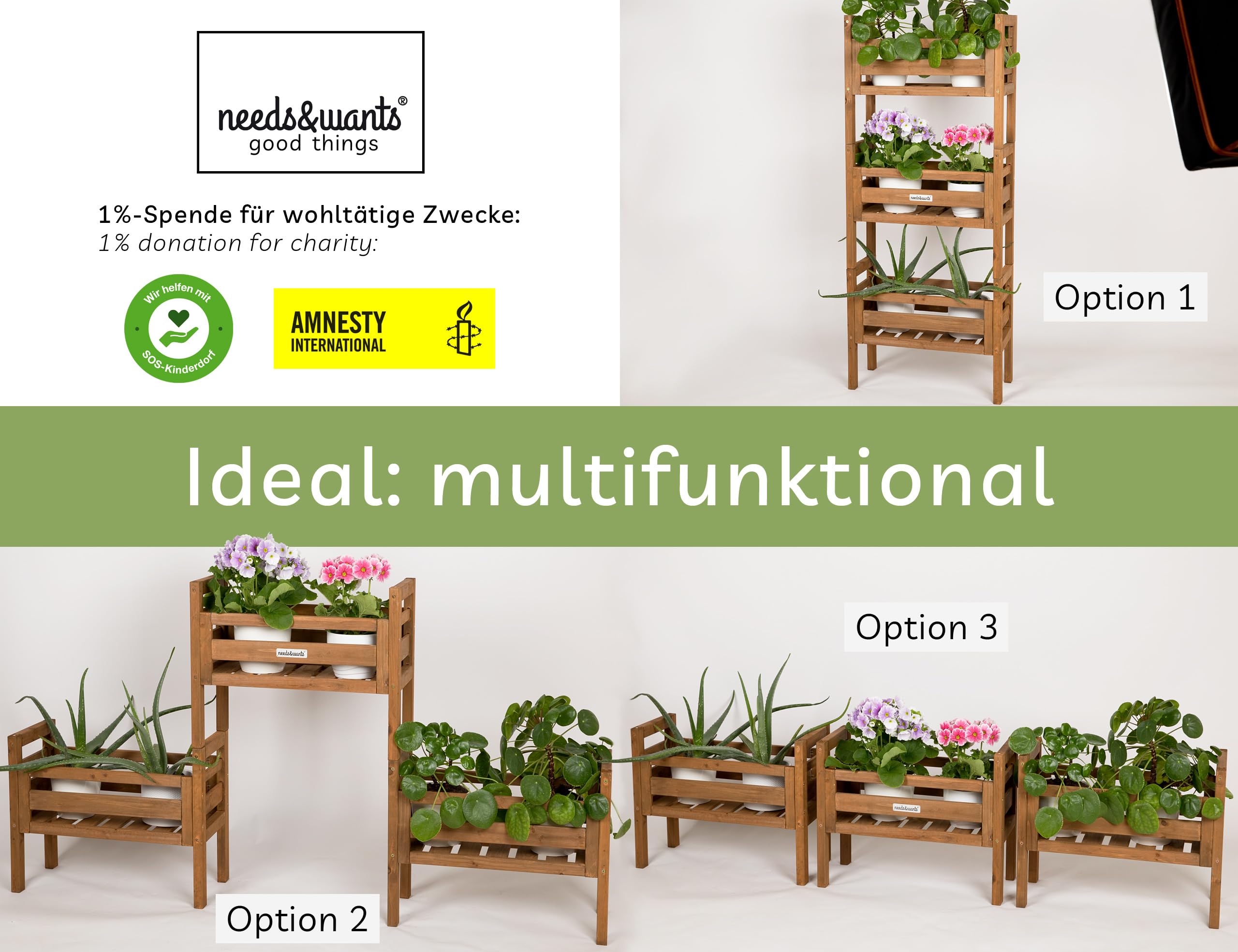 needs&wants® 3-fach multifunktional: Pflanzenständer Blumenständer aus Holz wetterfest für Indoor Outdoor Balkon Garten Wand, Pflanzenregal Blumentreppe, braun