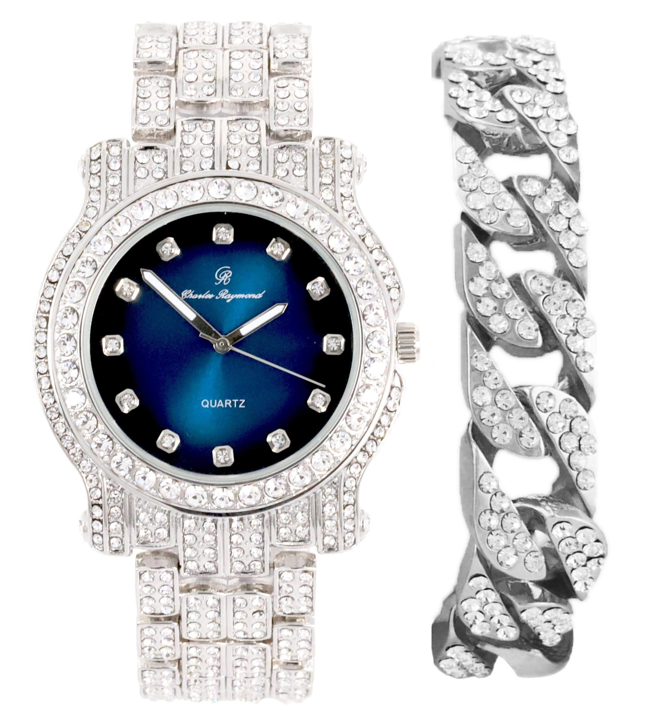 Charles RaymondBling-ed Out Silver Round Luxury Mens Watch w/Bling-ed Out Bracelet - L0504B