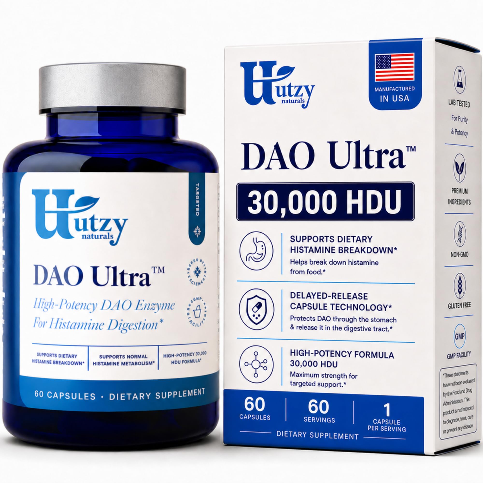 Utzy Naturals DAO Ultra Diamine Oxidase Enzyme Supplement | 60 Capsules