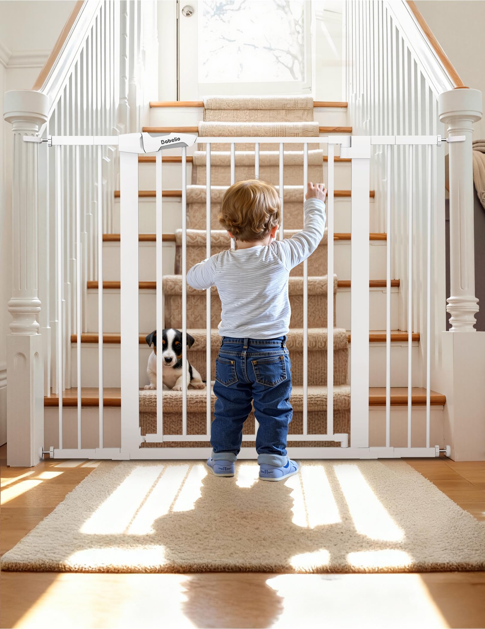 BABELIO 36" Tall Baby Gate, PressGuard P7, 29-48" Auto Close Pressure Mounted Dog Gate for Stairs, Doorways & Hallway, Protector Basics Easy Walk Thru Pet Gate, White