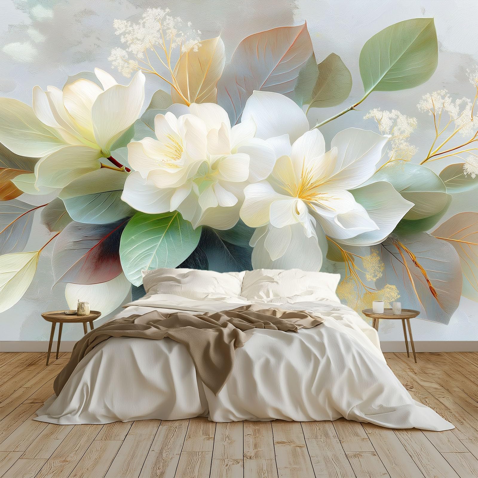 Mural ścienny, minimalistyczny, obraz olejny, płatki liści, botaniczny, 400 x 280 cm, tapeta z włókniny, dekoracja, grafitowo-szara, sztuka fotograficzna do sypialni, przedpokoju, salonu (nie