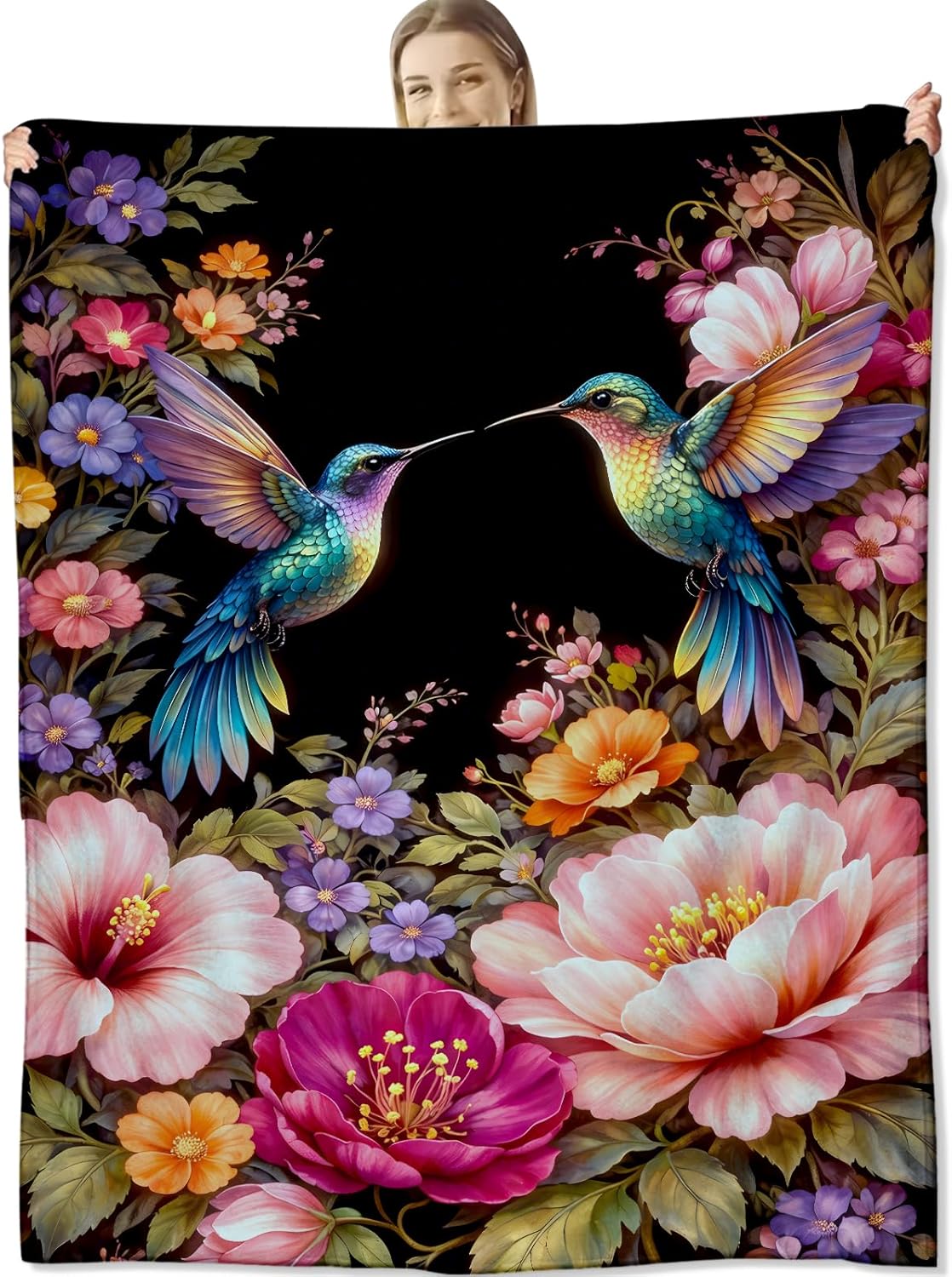Floral Hummingbird Blanket for Nature and Bird Lovers, Elegant Botanical Flannel Blankets, Colorful Gifts, Soft Warm Cozy Throws for Sofa Couch Bed Living Room Bedroom Home Decor 60" x 50"