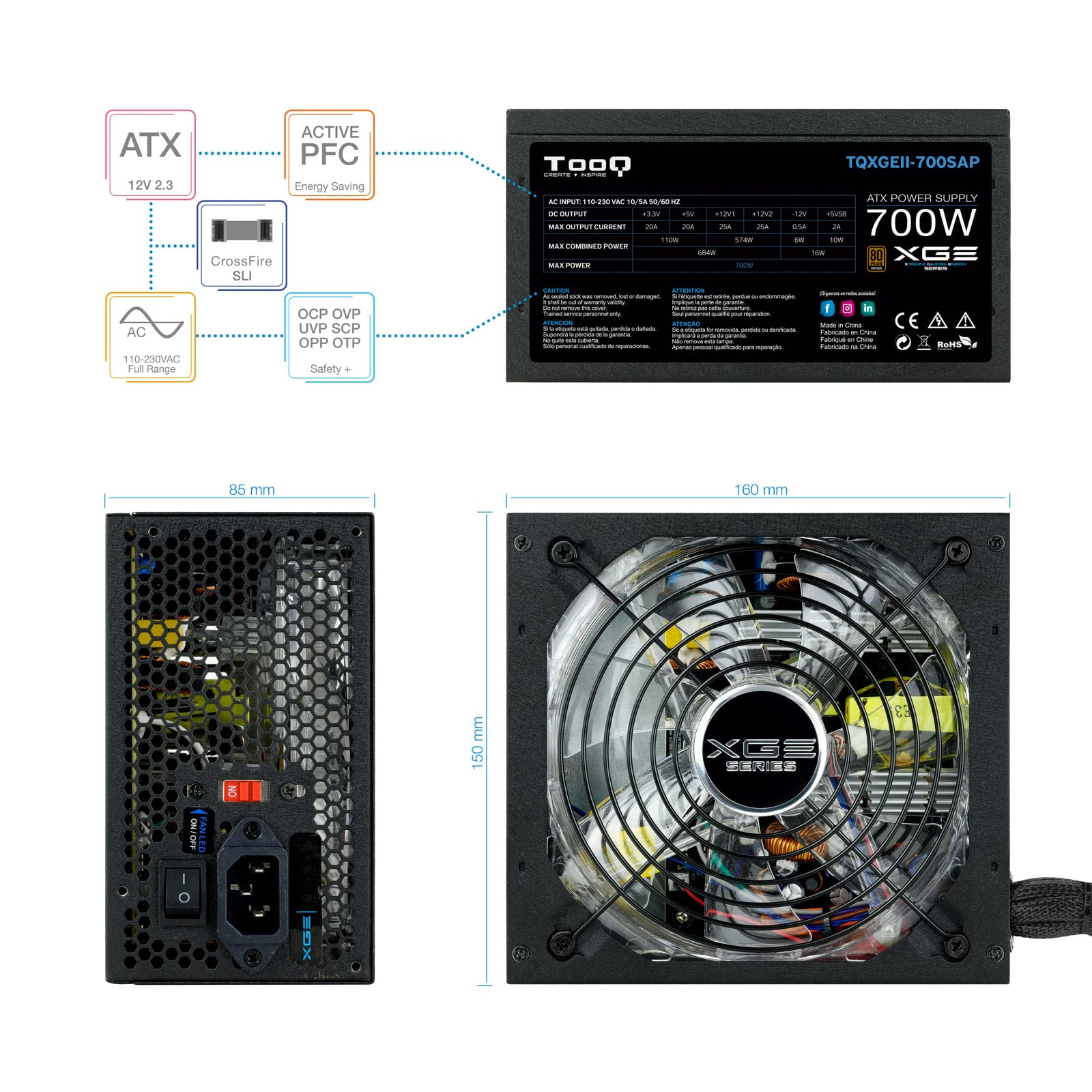 TooQ TQXGEII-700SAP - Alimentatore da gioco (700W, PFC attivo, ATX 12V V2.31) Certificazione 80 Plus Bronzo, ventola a led spenta, colore nero