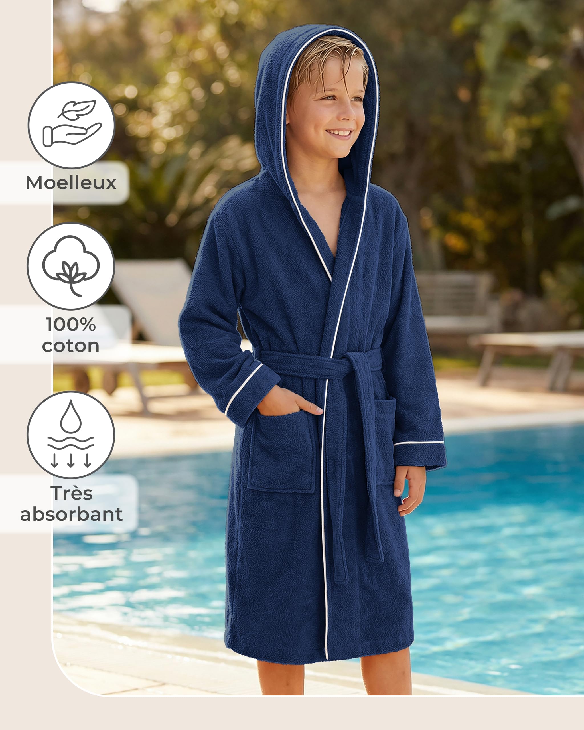 LAYNENBURG Premium Peignoir enfants & adolescents avec capuche - Fille et Garçon - 100% coton - OEKO TEX Standard 100 - Tissu éponge moelleuse - Taille 110 à 176