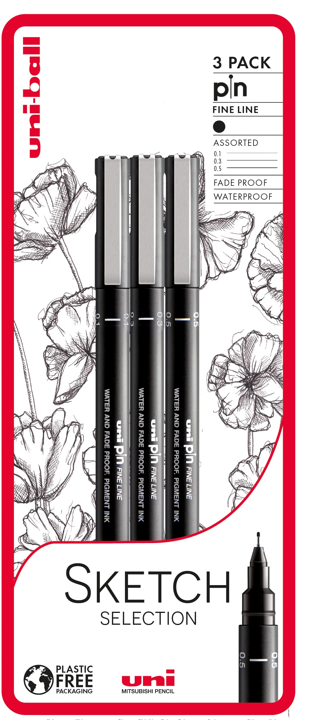 uni-ball PIN Fineliners, Black Fine Tipped Writing Pens, Water and Fade-Resistant Ink, Ideal for Architects, Sketching, Scrapbooking, Outlining, Art, Technical Drawing, Archival Quality, Pack of 3