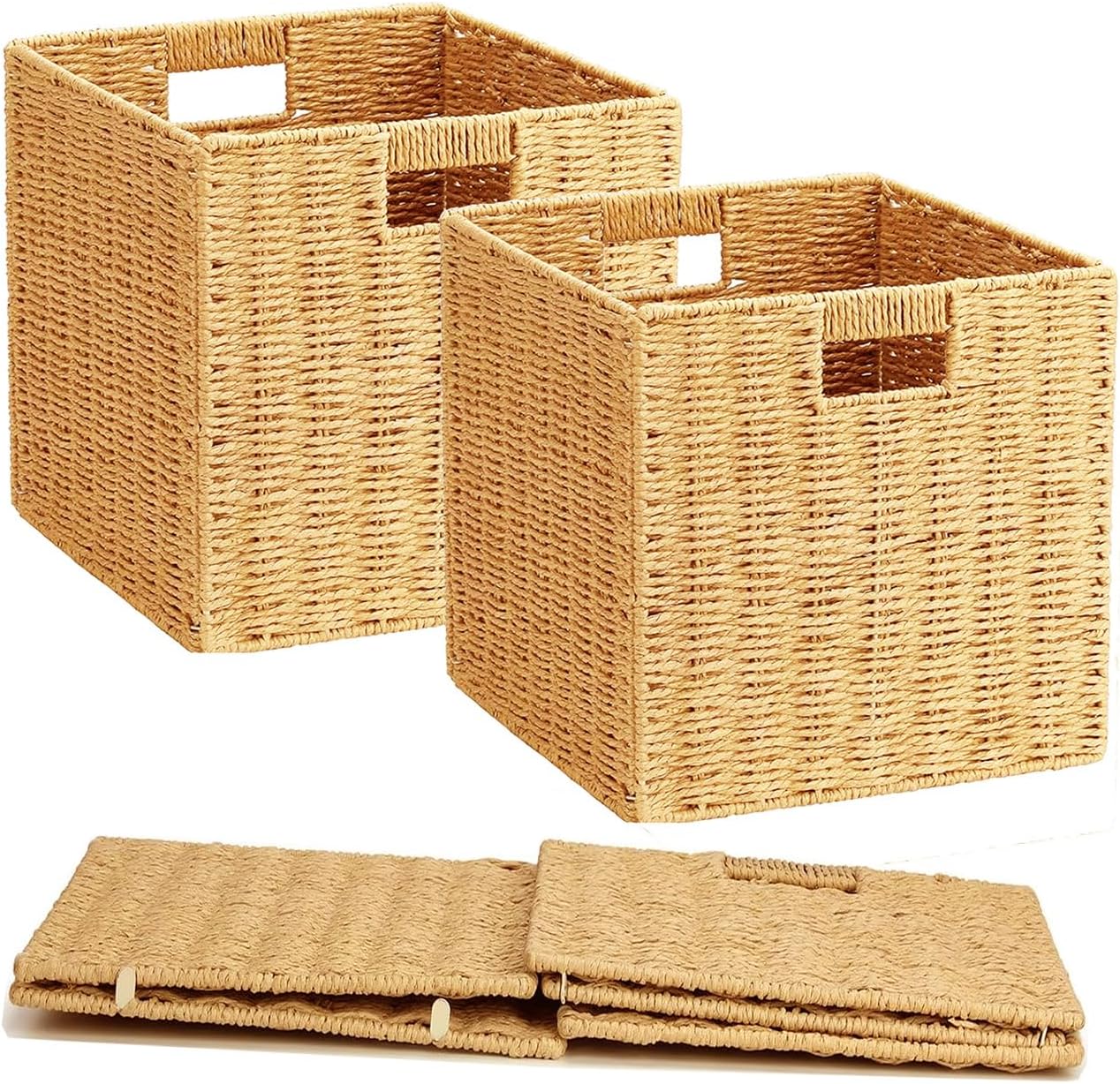 10.5'' Foldable Large Cube Paper Rope Storage Baskets with Handles and Built-in Metal Frame, 2pcs Stylish and Durable Woven Open Storage Bins Perfect for Toy Shelves and Living Room Organizing