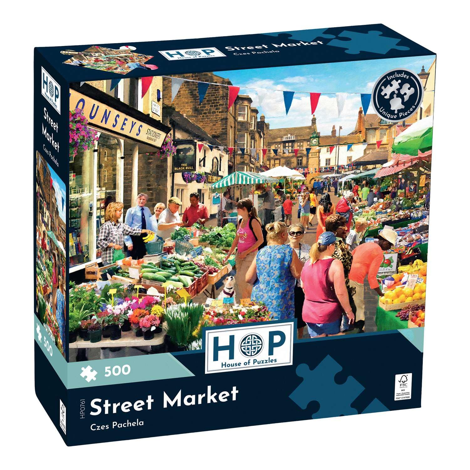 The House of Puzzles Street Market Jigsaw - 500 Piece Jigsaws For Adults, Artist Illustrated, Scenic Landscape, Deluxe Puzzle Gifts
