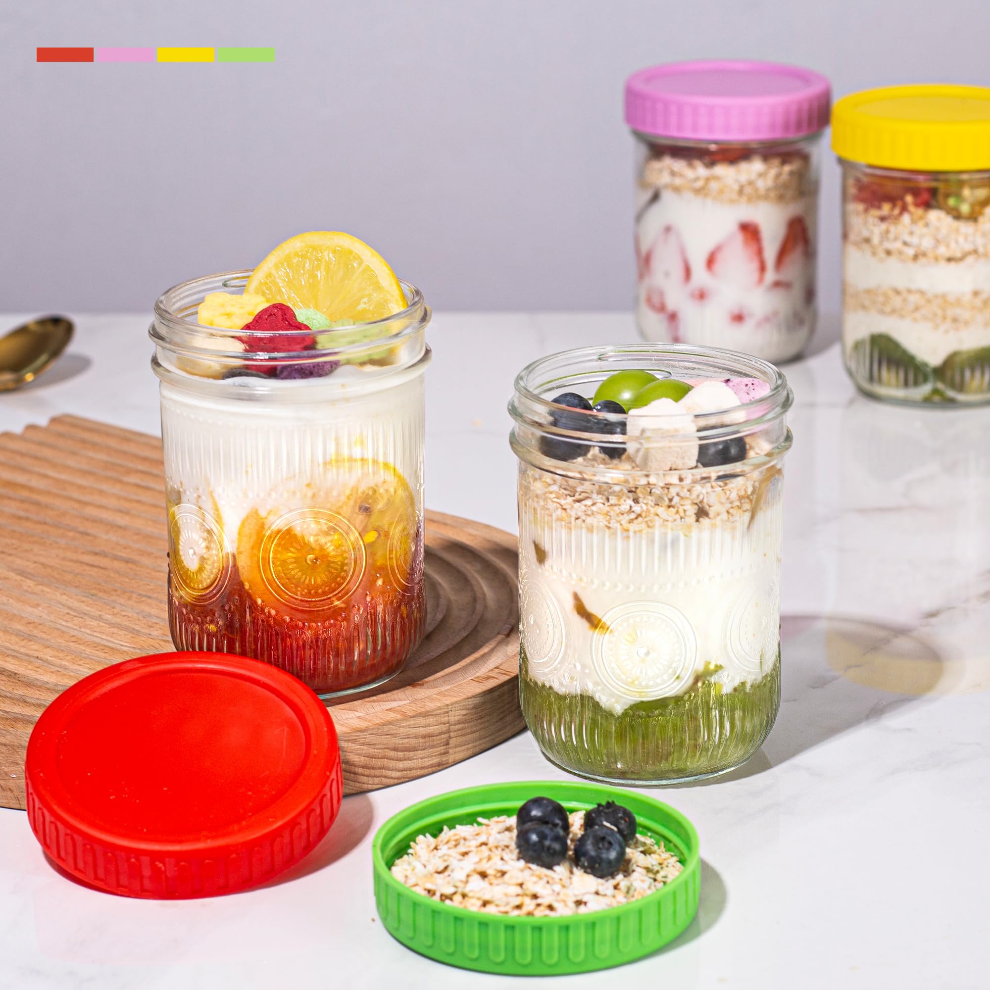 Amzcku Contenitori in vetro per avena con coperchio, 473,6 g, a bocca larga, per avena, cereali, yogurt, insalata, multicolori, confezione da 4