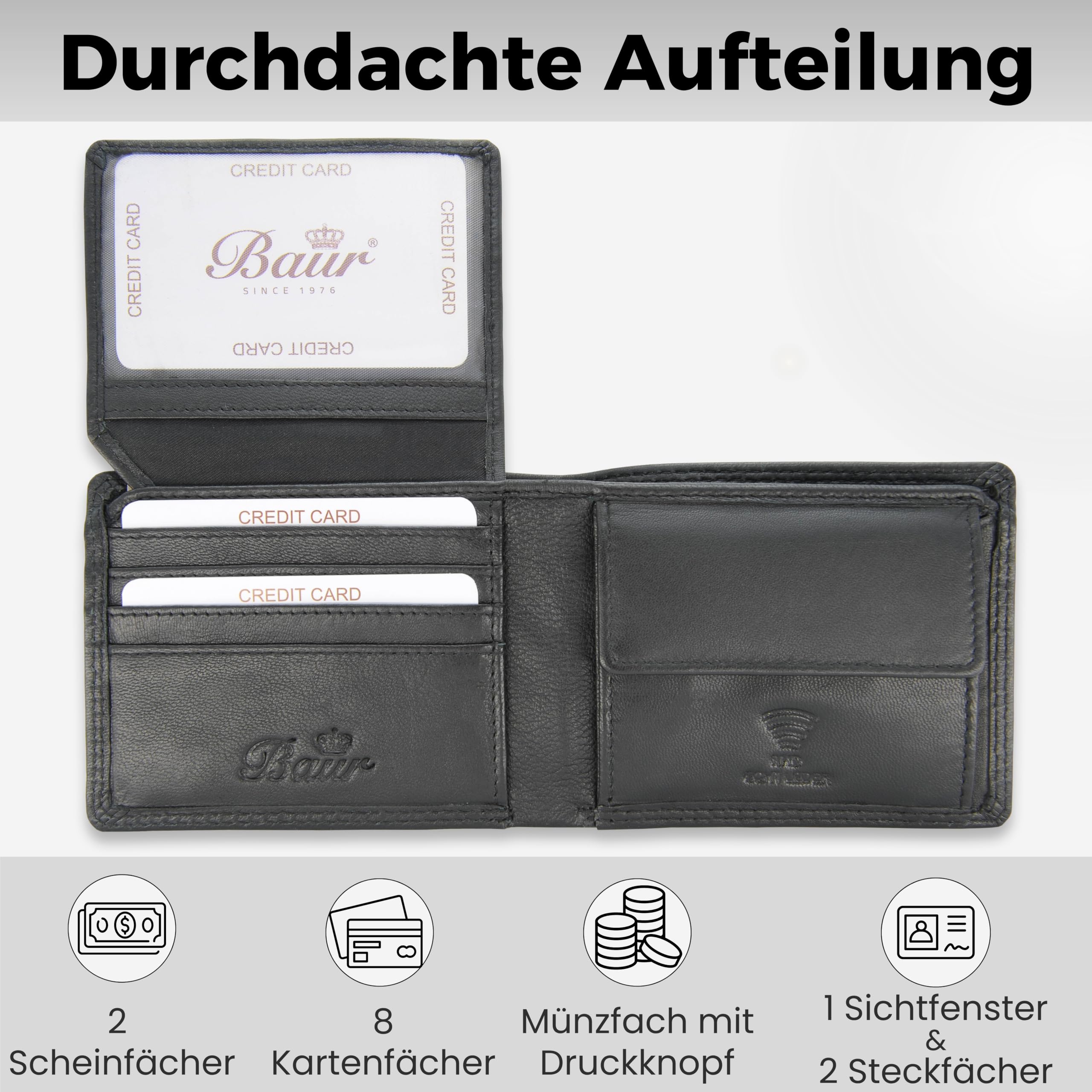 Baur Herren Geldbörse – Echtes Leder mit RFID-Schutz – Kleines Portemonnaie im Querformat aus Nappa-Leder mit 8 Kartenfächern und Münzfach (Querformat Klein, Schwarz)