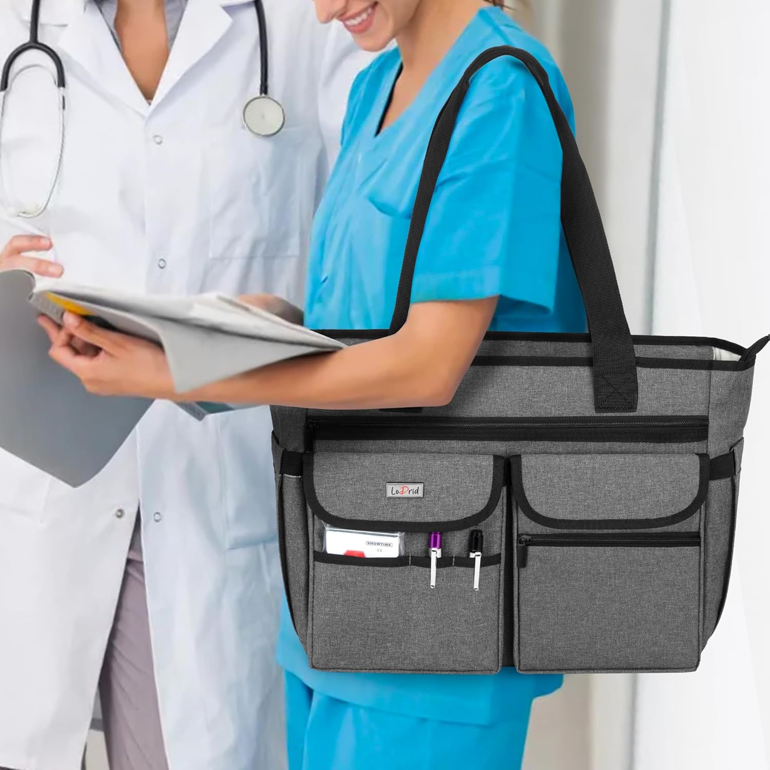 LoDrid Nurse Tote Bag with Bottom Padded Pad, Nurse Bags and Totes for Work with Large Compartment, Bag Only