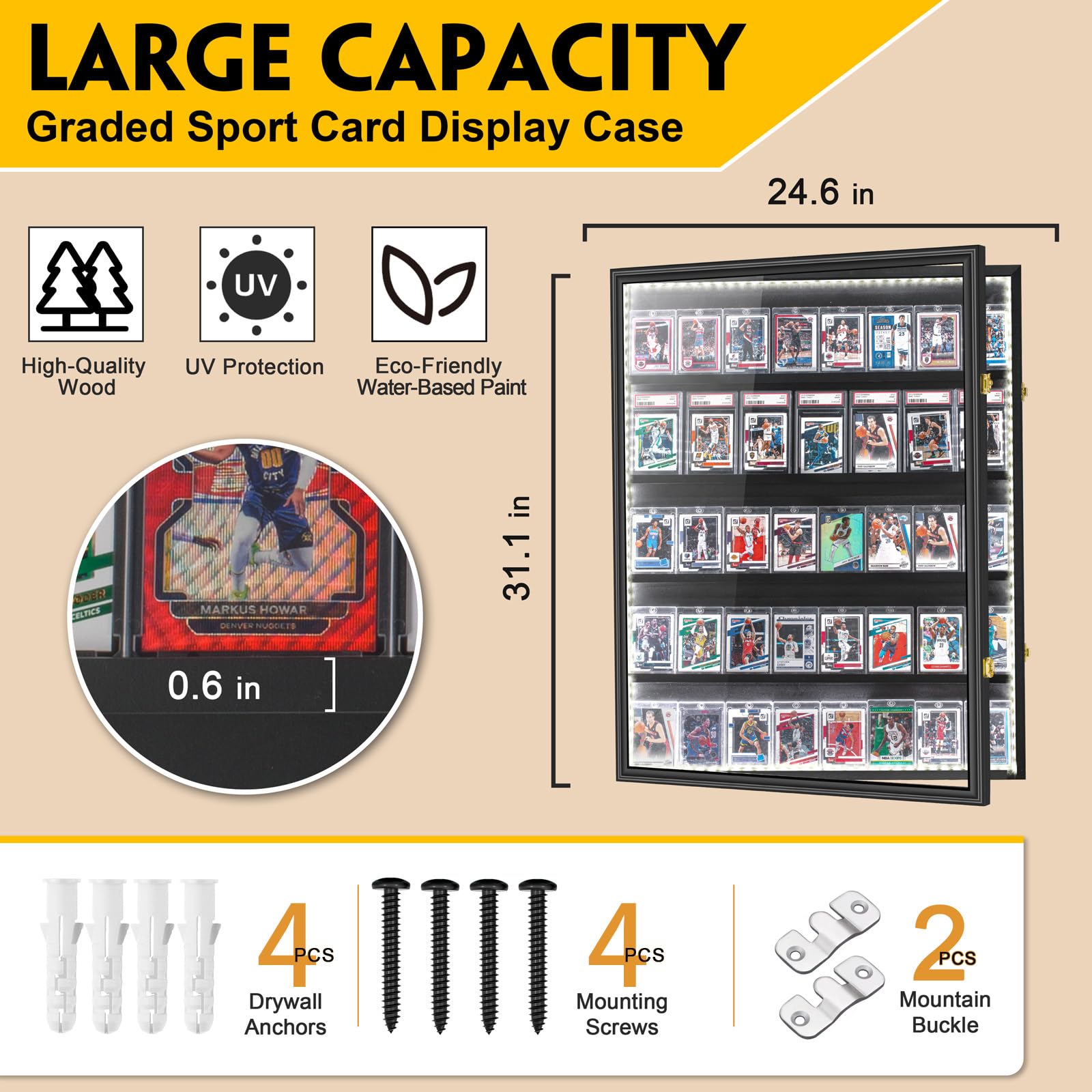 Kacorn Baseball Graded Sport Card Display Case with LED Light, Large 40 Cards Display Case Wooden Wall Cabinet for Basketball Football Hockey Trading Cards Display Collectibles Souvenirs