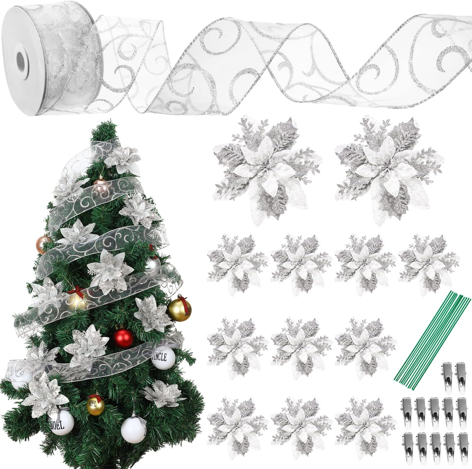 37 Pcs Christmas Tree Decorations, 90 ft Christmas Ribbon with 12 Pcs 5.5 Inch Artificial Glitter Christmas Poinsettia Flowers Metal Clips Stems for Christmas Tree Decor (Silver)
