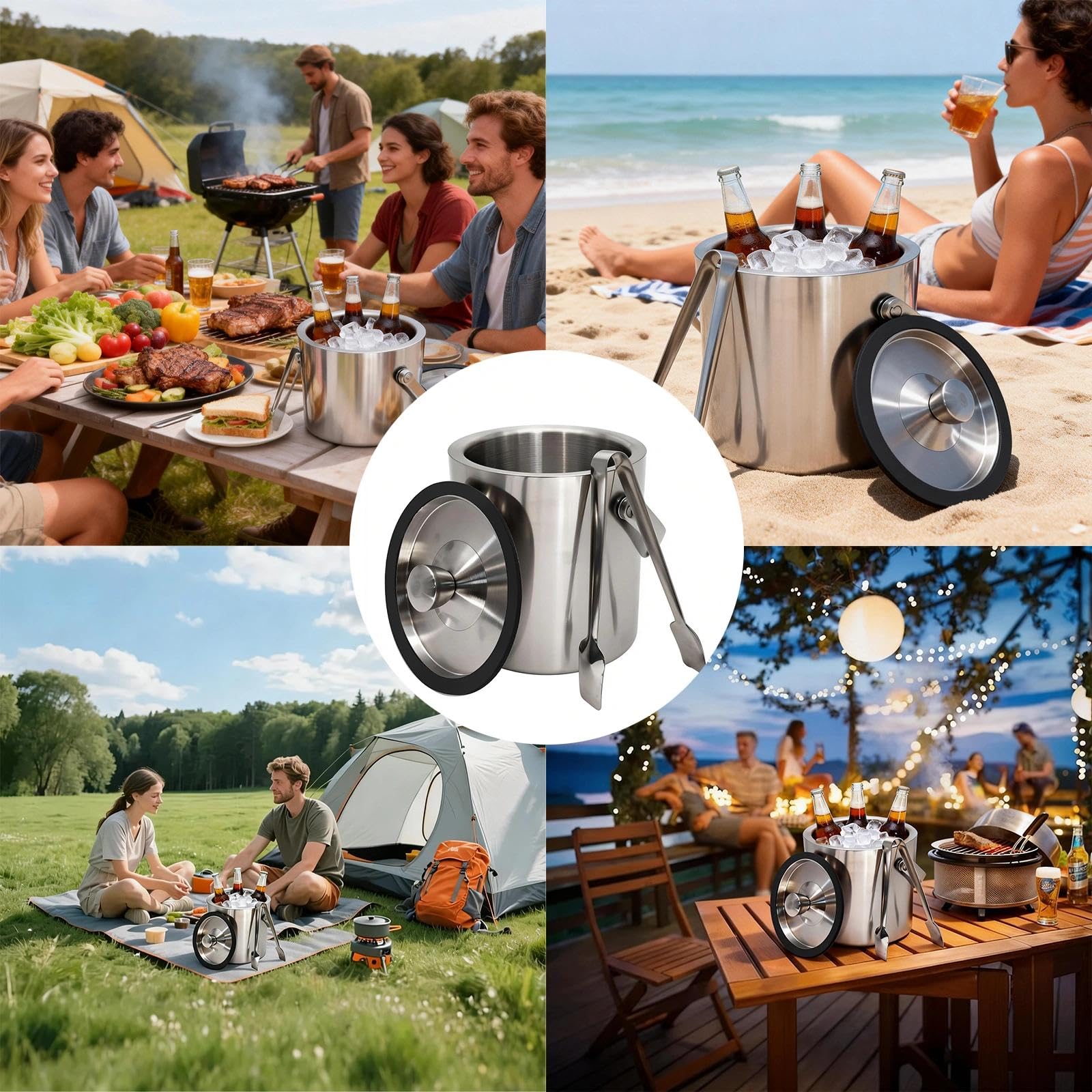 Seau à glaçons en acier inoxydable de 1,6 l - Double paroi - Avec couvercle - Passoire et pince - Passe au lave-vaisselle - Pour fêtes, jardin, barbecue, bière, vin, champagne