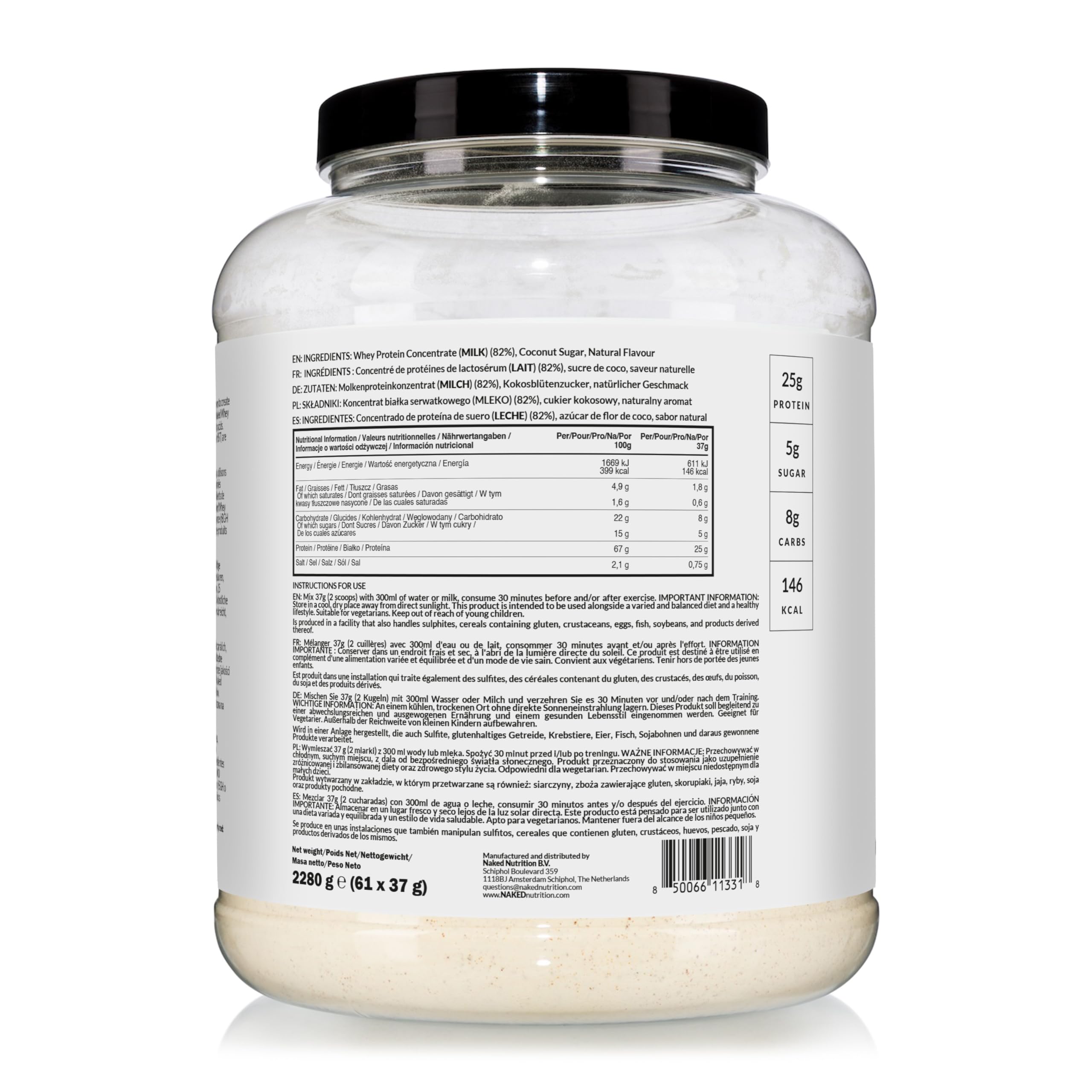 Naked Whey - Suplement diety w postaci proszku zawierający białko serwatkowe, o smaku waniliowym, bez GMO, bez soi, bez glutenu, wspomagający wzrost i regenerację mięśni, 2280 g