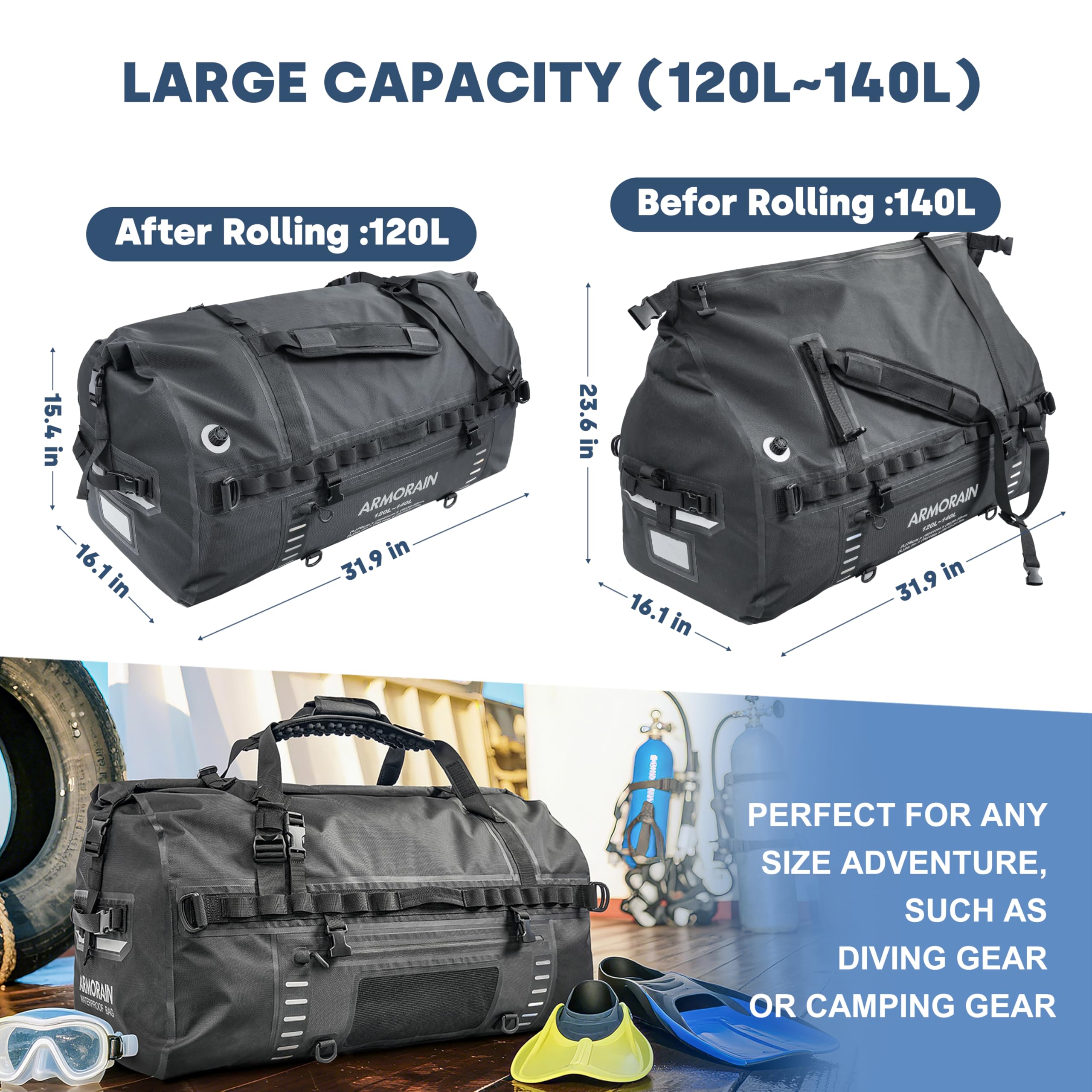 ARMORAIN 120-140L 大容量 気密 防水 旅行用ドライバッグ 丈夫な空気注入式ショルダーストラップとハンドル付き ダイビング用品 オートバイ ボート カヤック キャンプに最適