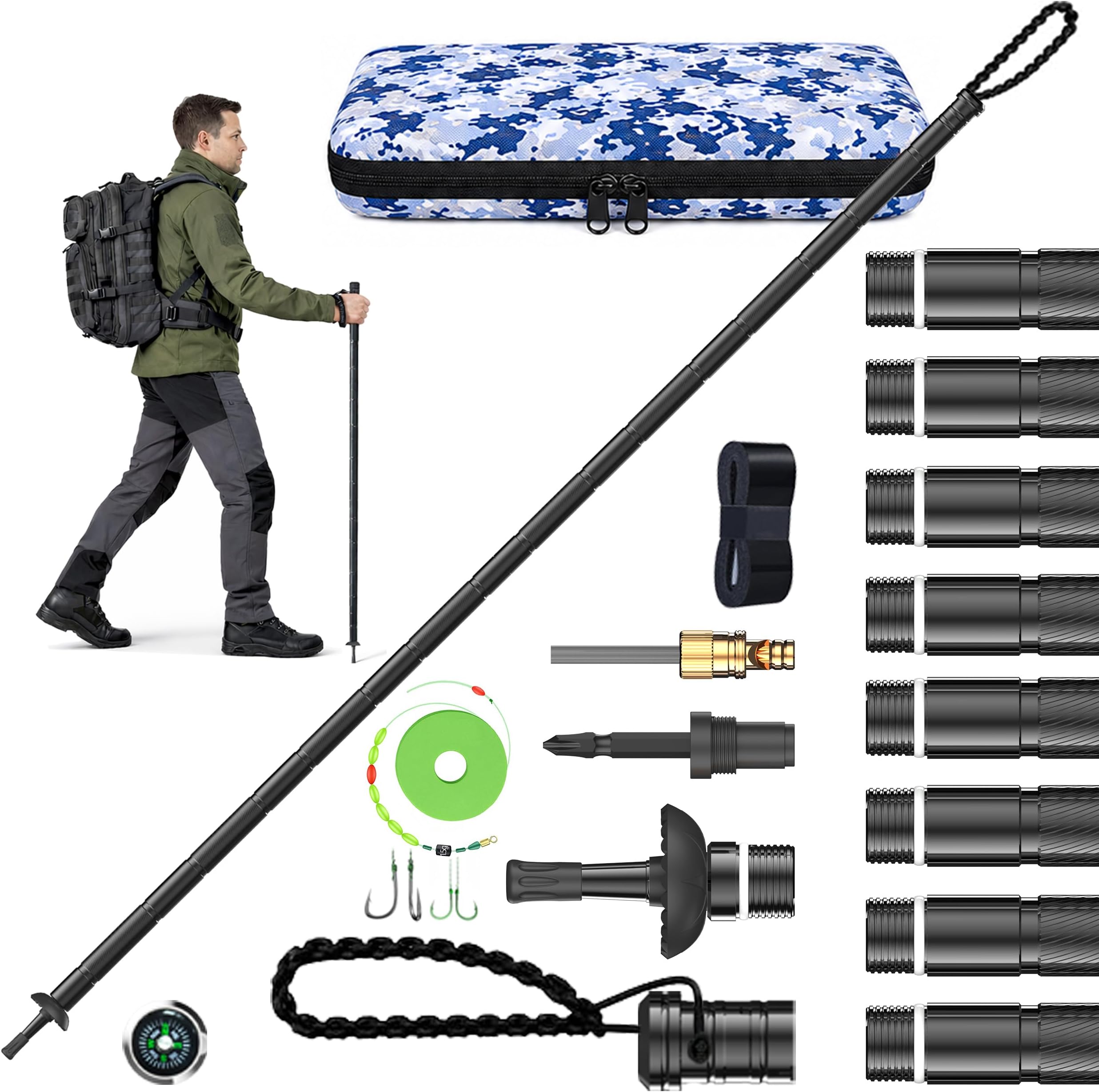 Survival Hiking Stick & Hiking Staff, 8-Section Adjustable Aluminum Walking Stick with Integrated Survival Kit, Camo Carry Pouch, Heavy-Duty Outdoor Gear for Camping, Trekking & Backpacking