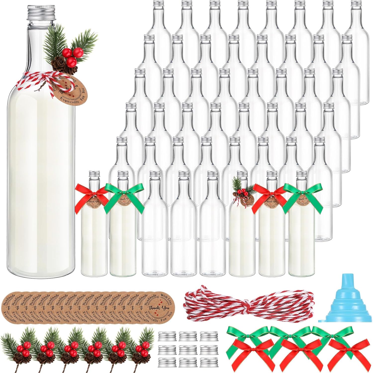 Tioncy 48 Pack 750ml Christmas Plastic Coquito Bottles 25 oz Clear Plastic Coquito Wine Bottles with Caps Pine Cone Needles Branches and Bow Ornaments for Home Brewing Xmas Party Favors 48 750ml