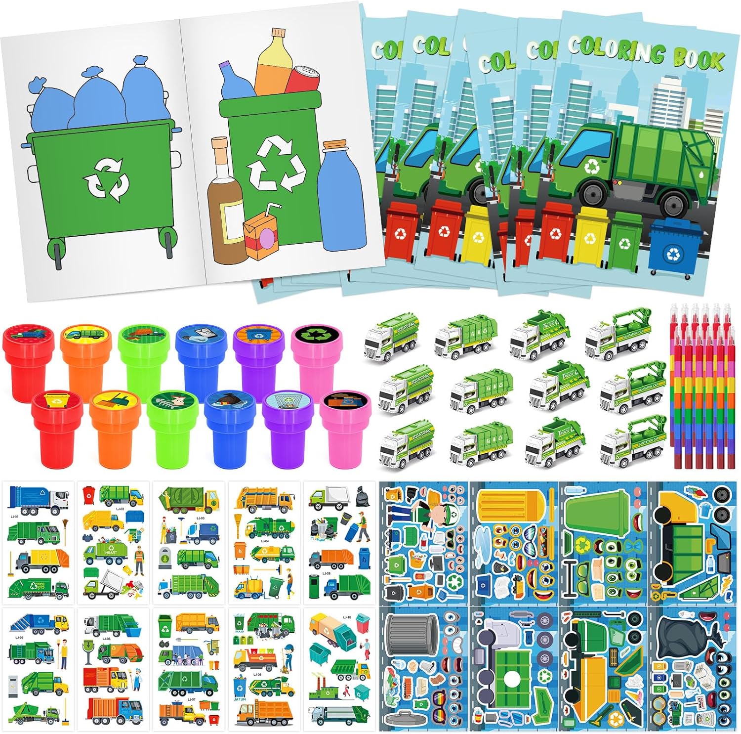 Cinrobiye 72 PCS Garbage Truck Coloring Books Party Favor Set Garbage Party Goodie Bag Fillers Truck Birthday Party Supplies DIY Scene Stickers Temporary Tattoos Prizes Art Crafts for Home School