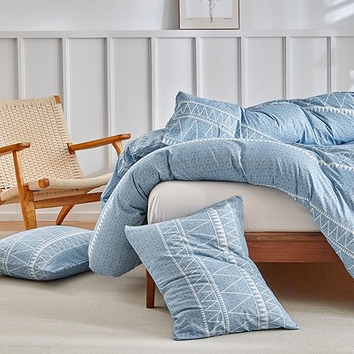 Miniatura 182 de Lekesky Juego de funda de edredón tamaño King, de microfibra suave, bohemio, azteca, azul, bohemio, con cierre de cremallera, lazos en las esquinas