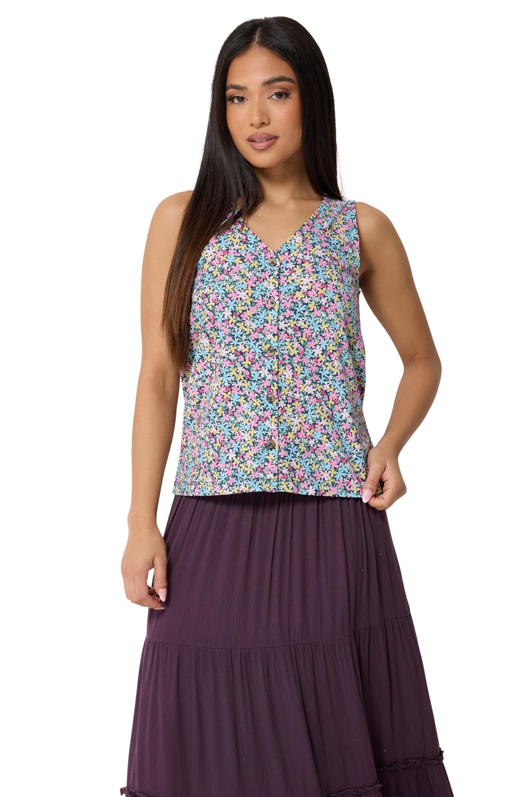 M&Co Women's Multicolor Petite Floral Print Cotton Button Vest Top | Size: 16