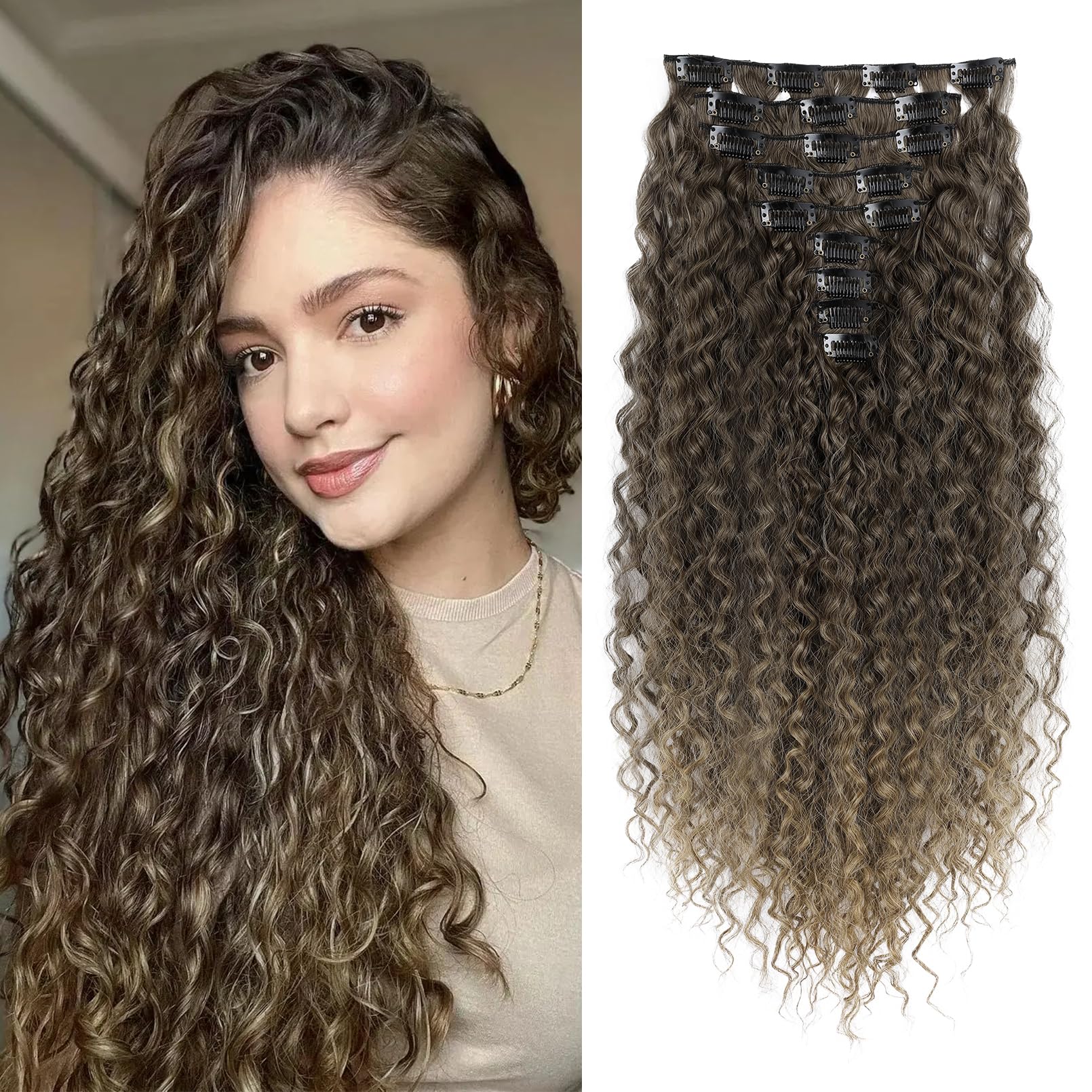 FLUFYMOOZ 9PCS Clip in Hair Extensions 22 Inch Curly Hair Extension Long Soft Synthetic Hairpieces for Women (Ombre Brown)