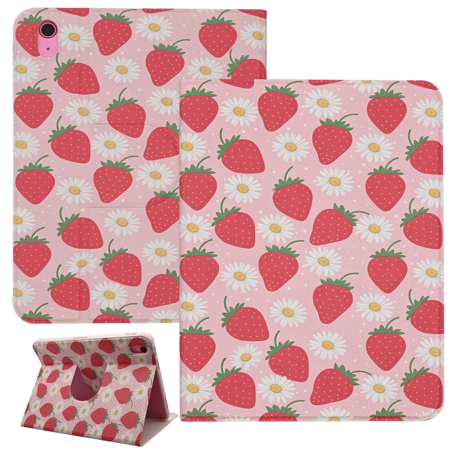 Case for iPad (A16) 11th/10th Generation 10.9'' inch 2025/2022, Cute Strawberry PU Leather 360 Degree Rotating Smart Shell Stand Cover with Auto Wake/