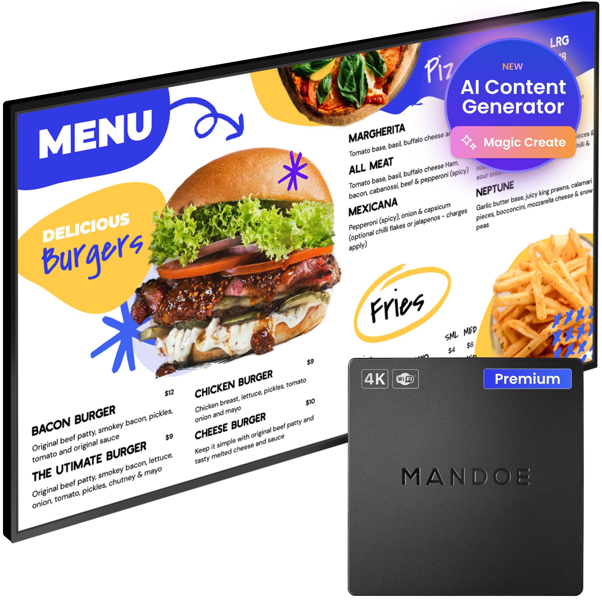 Mandoe Premium Digital Signage Displays - Digital Signage Player for Menu Board and Message Board. World-Class Templates & Easy Setup