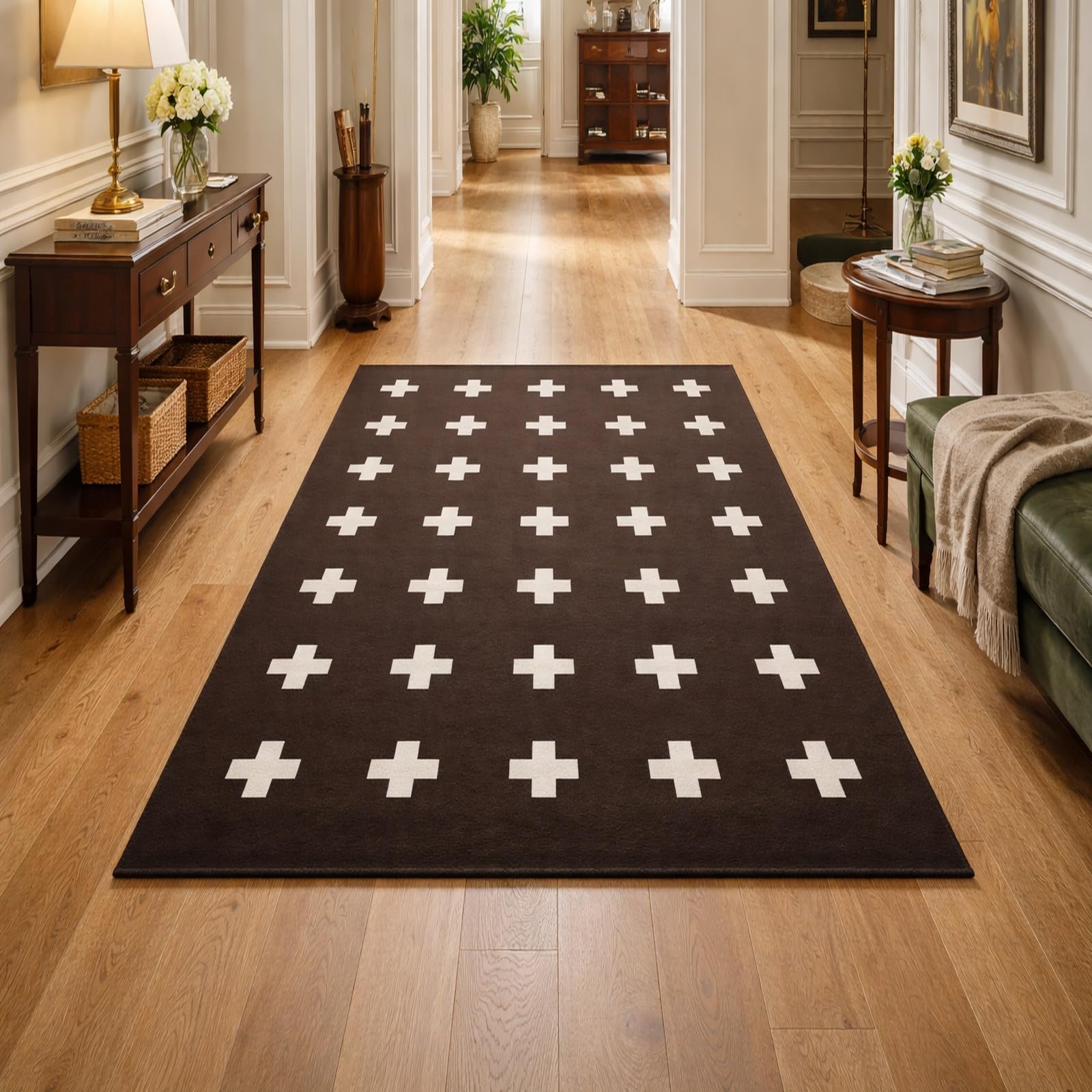 Tapis rectangle salon 120x160cm lavable geometric brown à poils ras