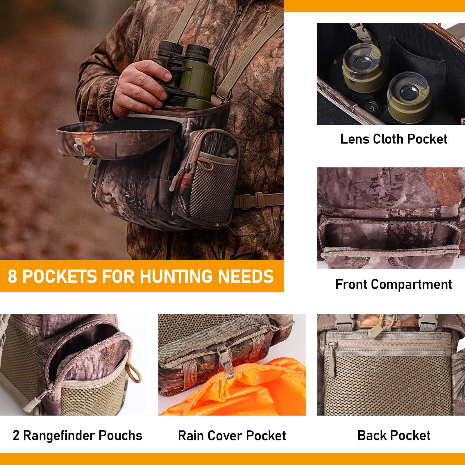 NewView Harnais Binocular avec sac de télémètre amovible, sangle bino réglable et protection contre la pluie - Idéal pour la chasse, la randonnée et l'observation des oiseaux - Quiet-L