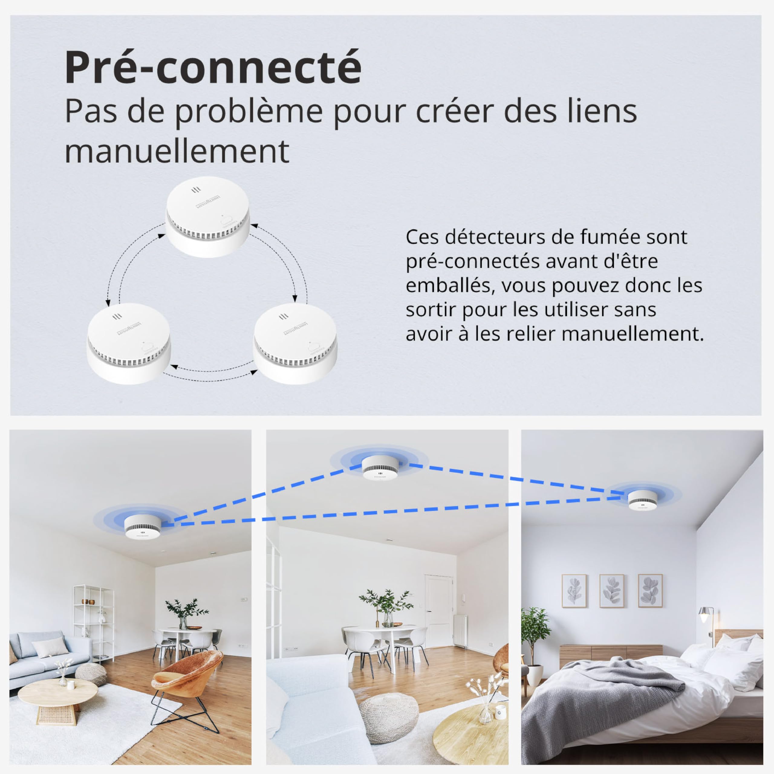 Detecteur de Fumée Connecté, Pile de 10 Ans, Detecteur de Fumée, Alarme Incendie Détecteur Fumée, Alarme Incendie Conforme à la Norme EN14604 (3 Pcs)