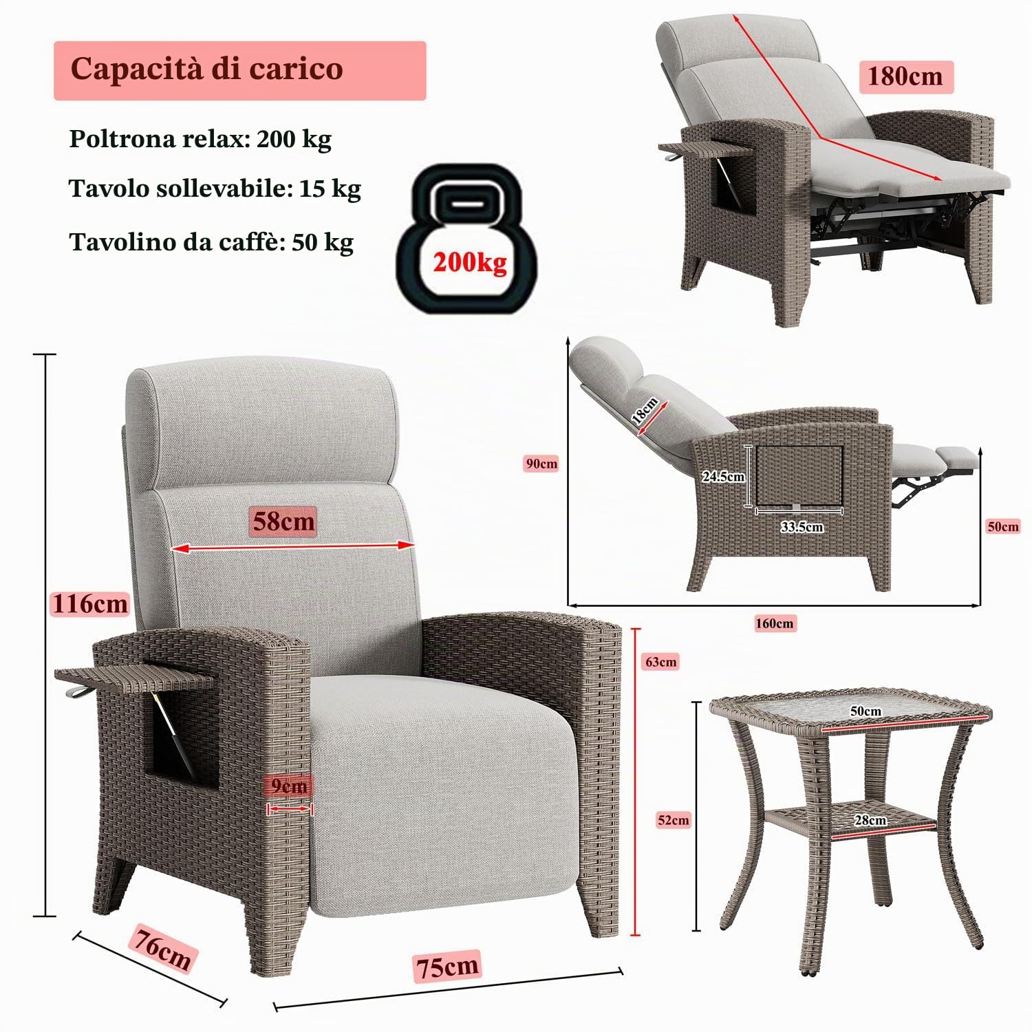 Lettino Prendisole con Schienale Regolabile, Poltrona Relax in Rattan, Sdraio da Giardino, Poltrona Reclinabile, Sedia Sdraio da Esterno, per Interno Cortili y Balconi (A- Destra)
