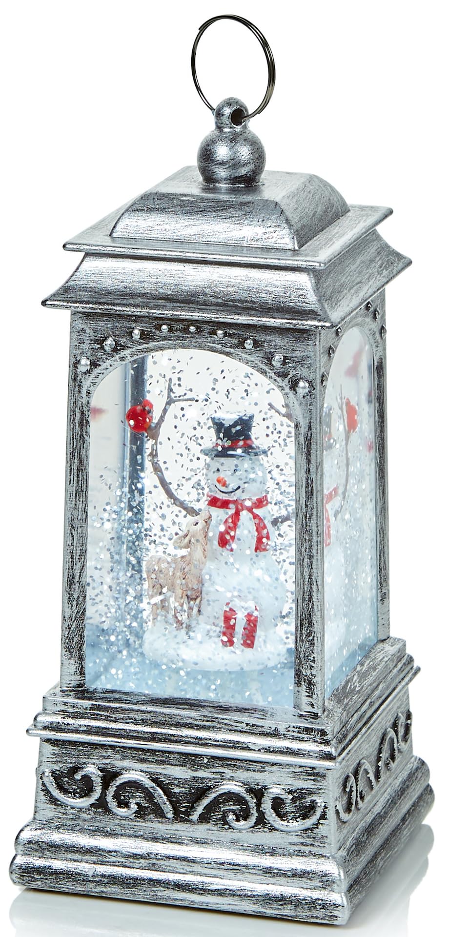 Premier Multicolor Christmas Led Rustic Silver Water Spinner Lantern Snowman & Deer Design 21Cm High