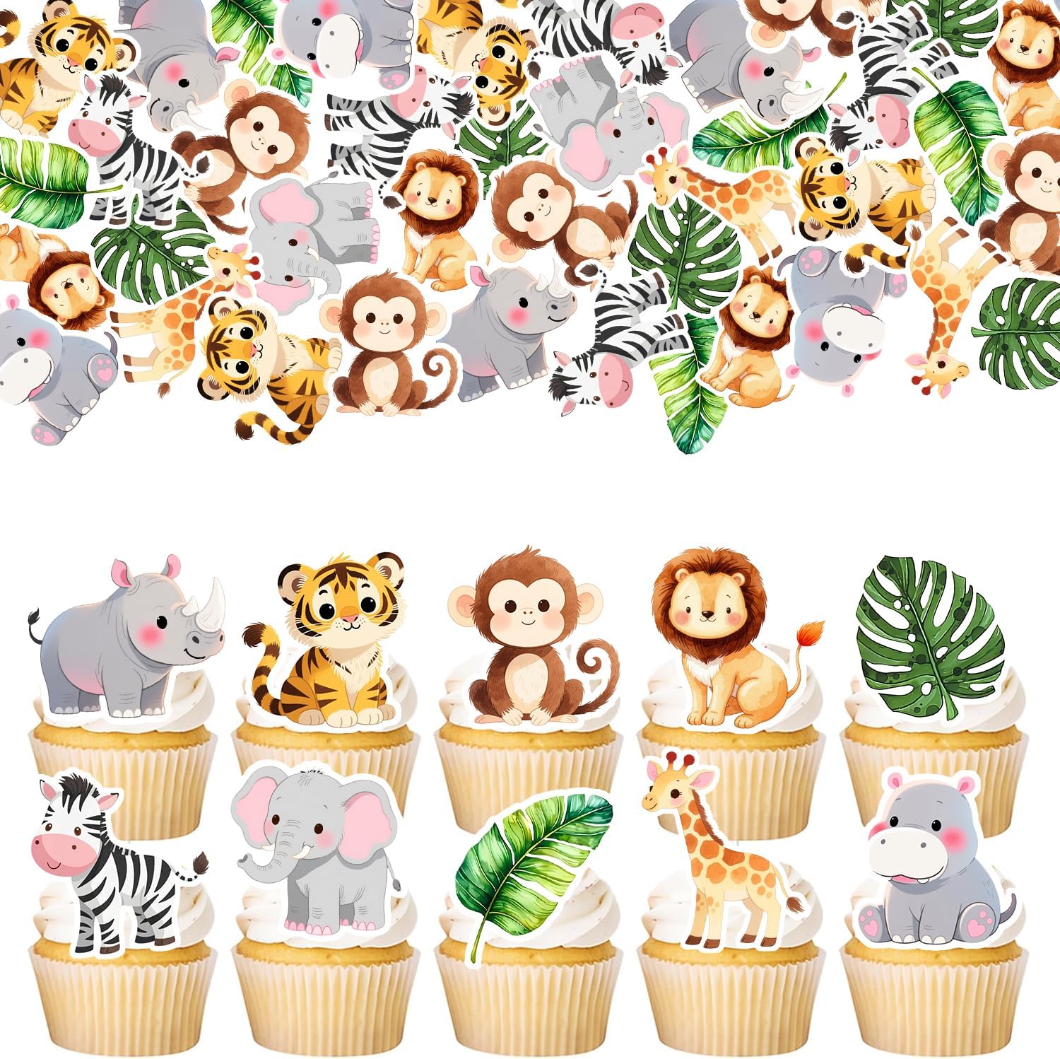 60 Pack Edible Safari Cupcake Toppers Monkey Giraffe Woodland Creatures Jungle Safari Cupcake Picks Water Paper Animal Forest Animal Jungle Theme Kids Birthday Cupcake Decorations Party Supplies