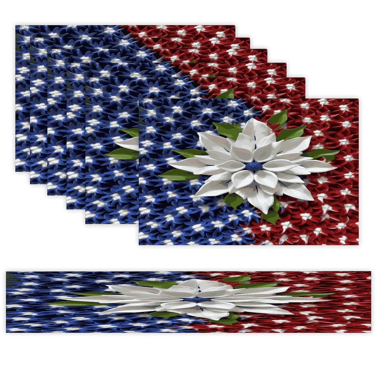 America Patriotic Flower Table Runner and Placemats Set of 6 Wipe Clean Heat Resistant Table Mat with Table Runner Decorations Flax Linen Place Mat Set for Home Kitchen Party Supplies