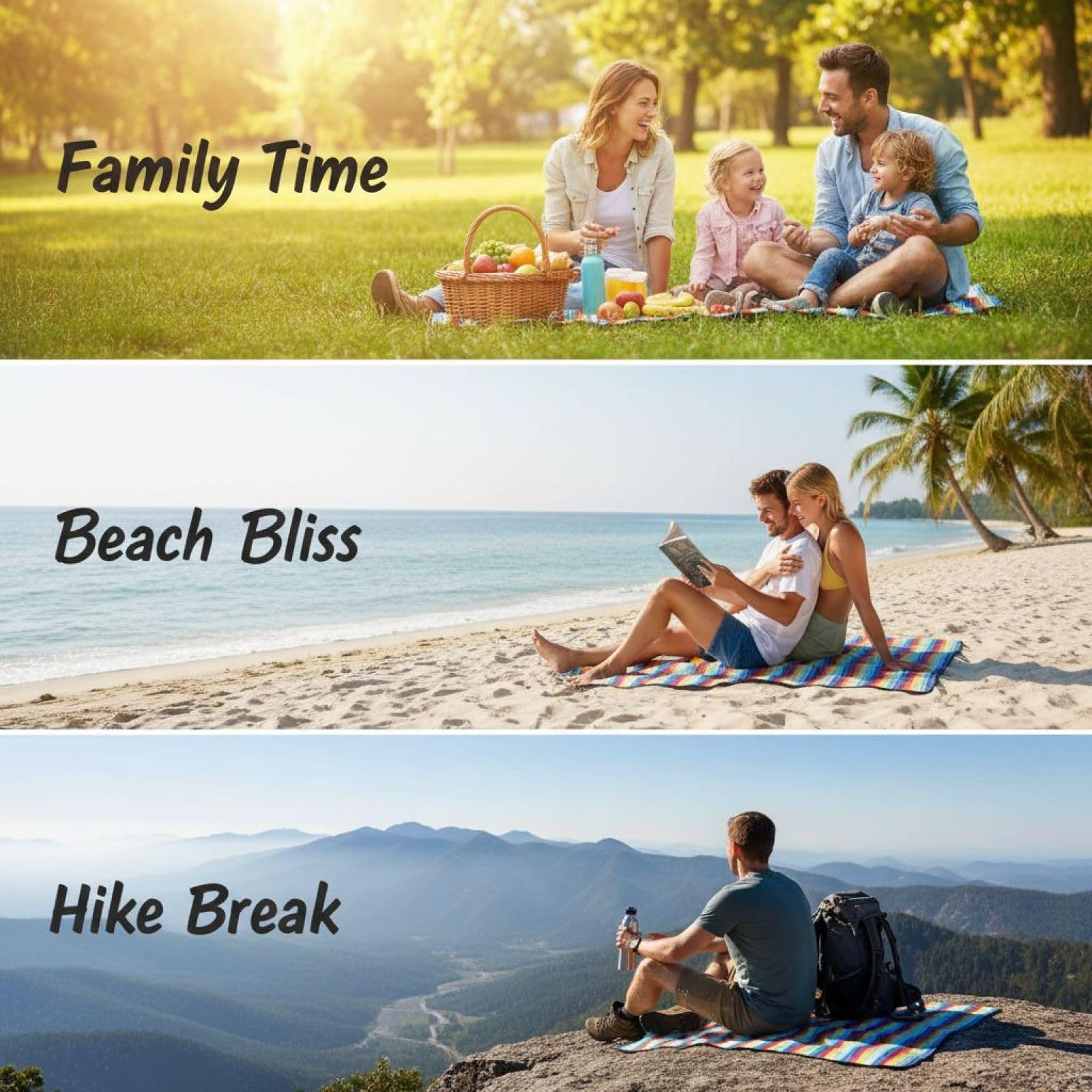 Picknickdecke mit Regenbogenstreifen, 150 x 200 cm, wasserdichte Picknickdecke mit Lederträgern, große tragbare Decke für Outdoor, Strandmatte und Campingmatte, bequem für mehrere Personen