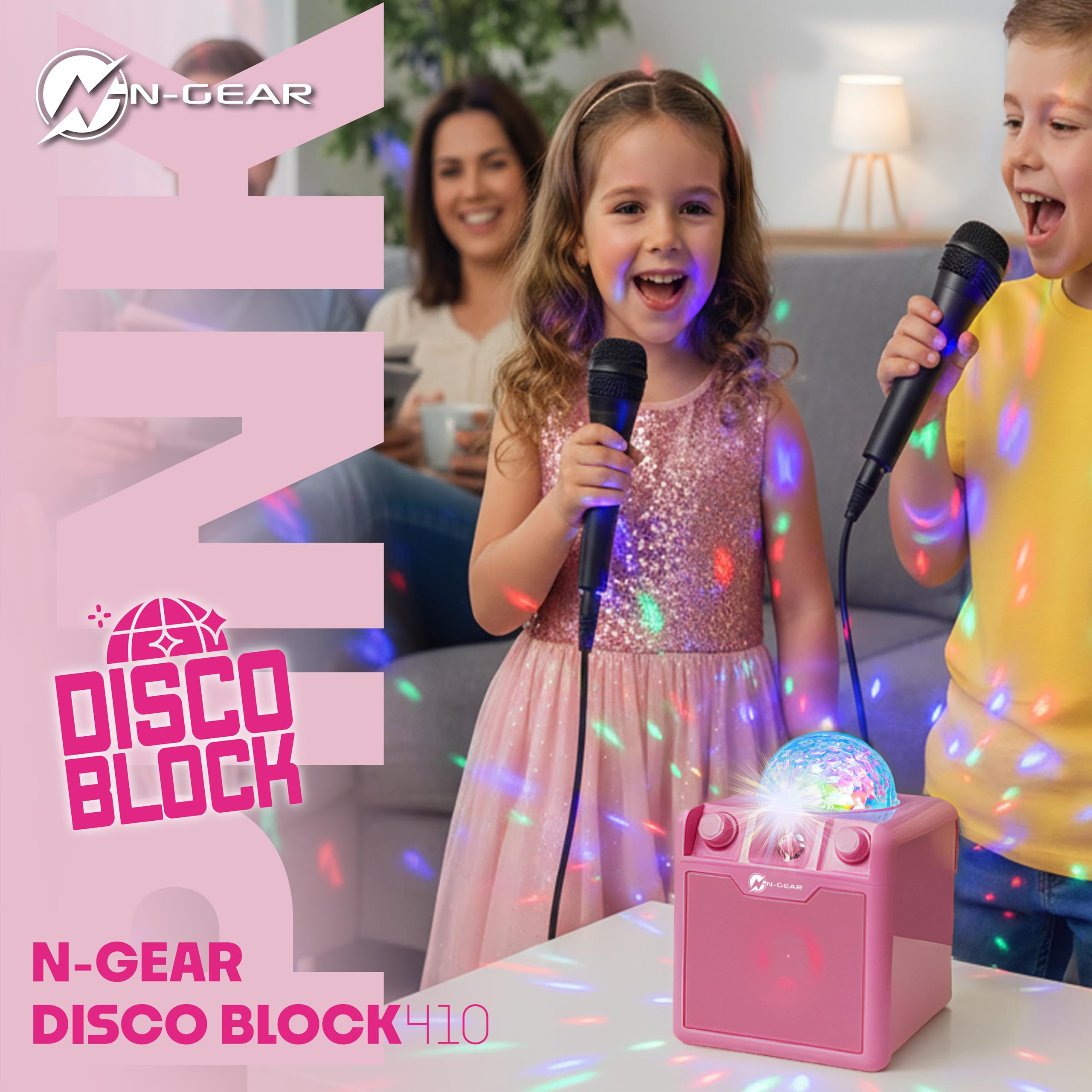 N-Gear Discoblock 410 mobiler Party Disco Musik Karaoke Maschine mit Discokugel Kinder - Disco Licht, 50 Watt Bluetooth Lautsprecher & Mikrofon Karaoke in einem, Rosa