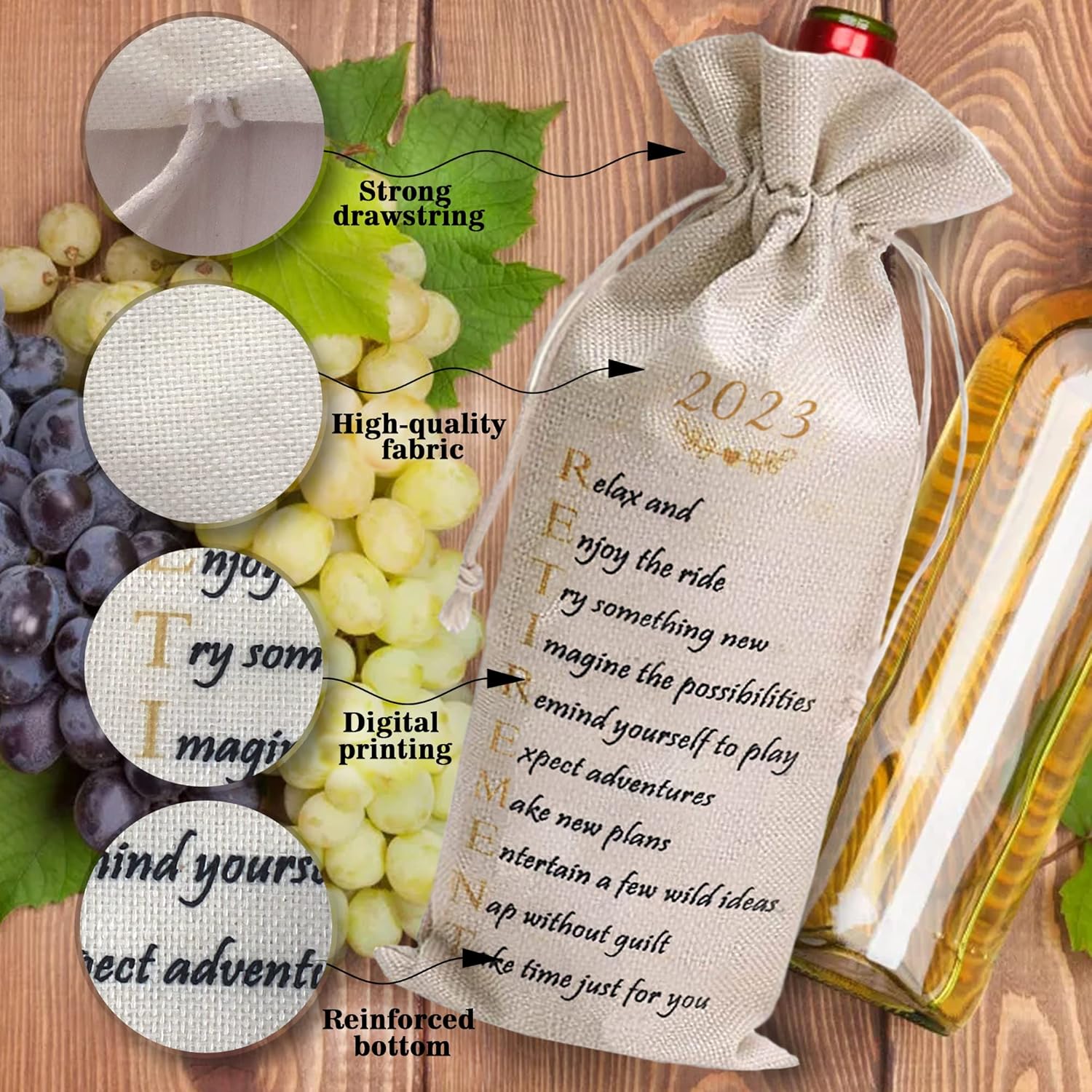 Lev's Retirement Gifts for Men Women - Elegant Wine Bottle Gift Bags Natural Cotton Funny Drawstring Teachers, Employees, Colleagues - Image 4