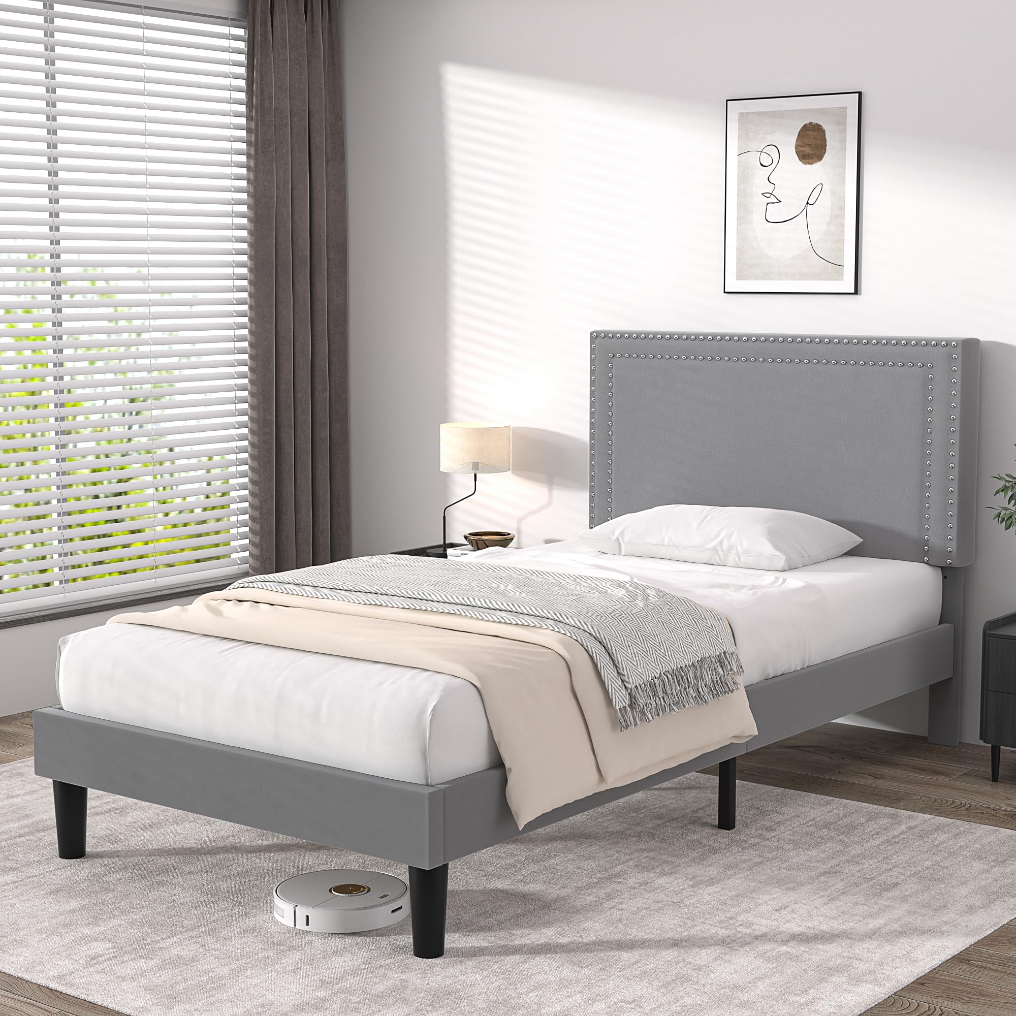 VECELO Twin Size Platform Bed Frame with Adjustable Upholstered Headboard, Modern Mattress Foundation, Strong Wood Slat Support, No Box Spring Needed, Easy Assembly